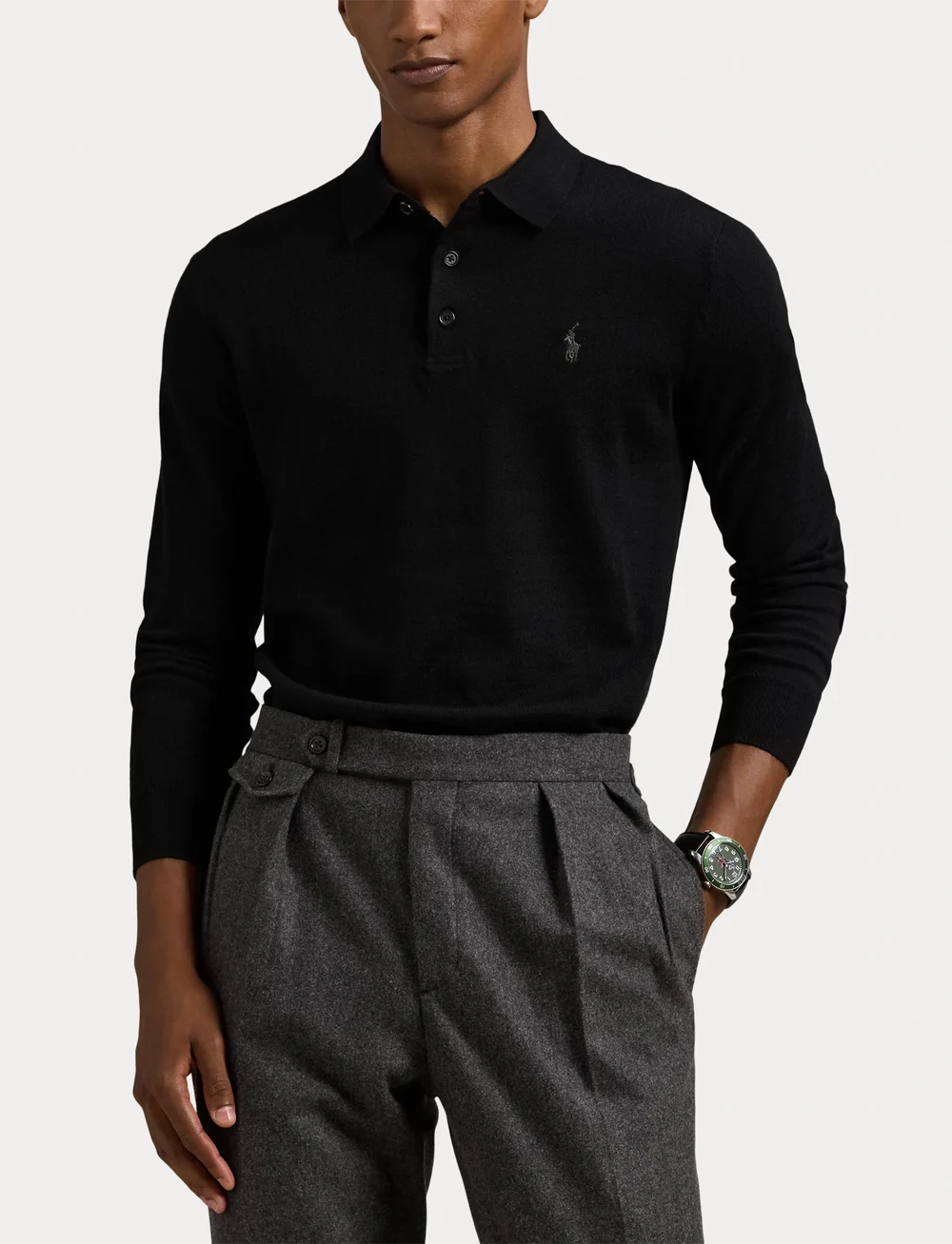 Polo Ralph Lauren - Wool Polo-Collar Sweater - gestrickte polohemden - polo black - 5