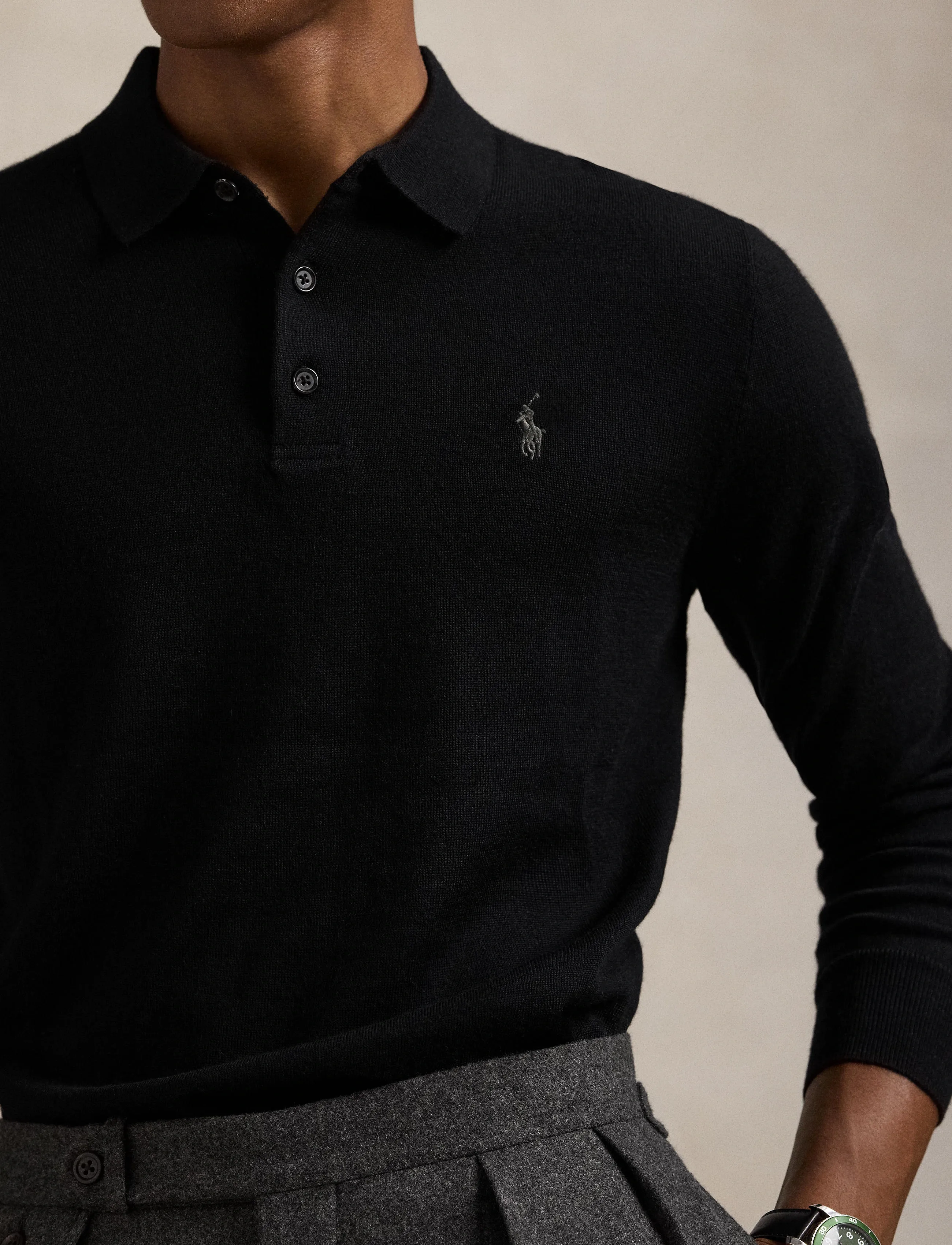 Polo Ralph Lauren - Washable Wool Polo-Collar Sweater - langärmelige strick-polohemden - polo black - 5