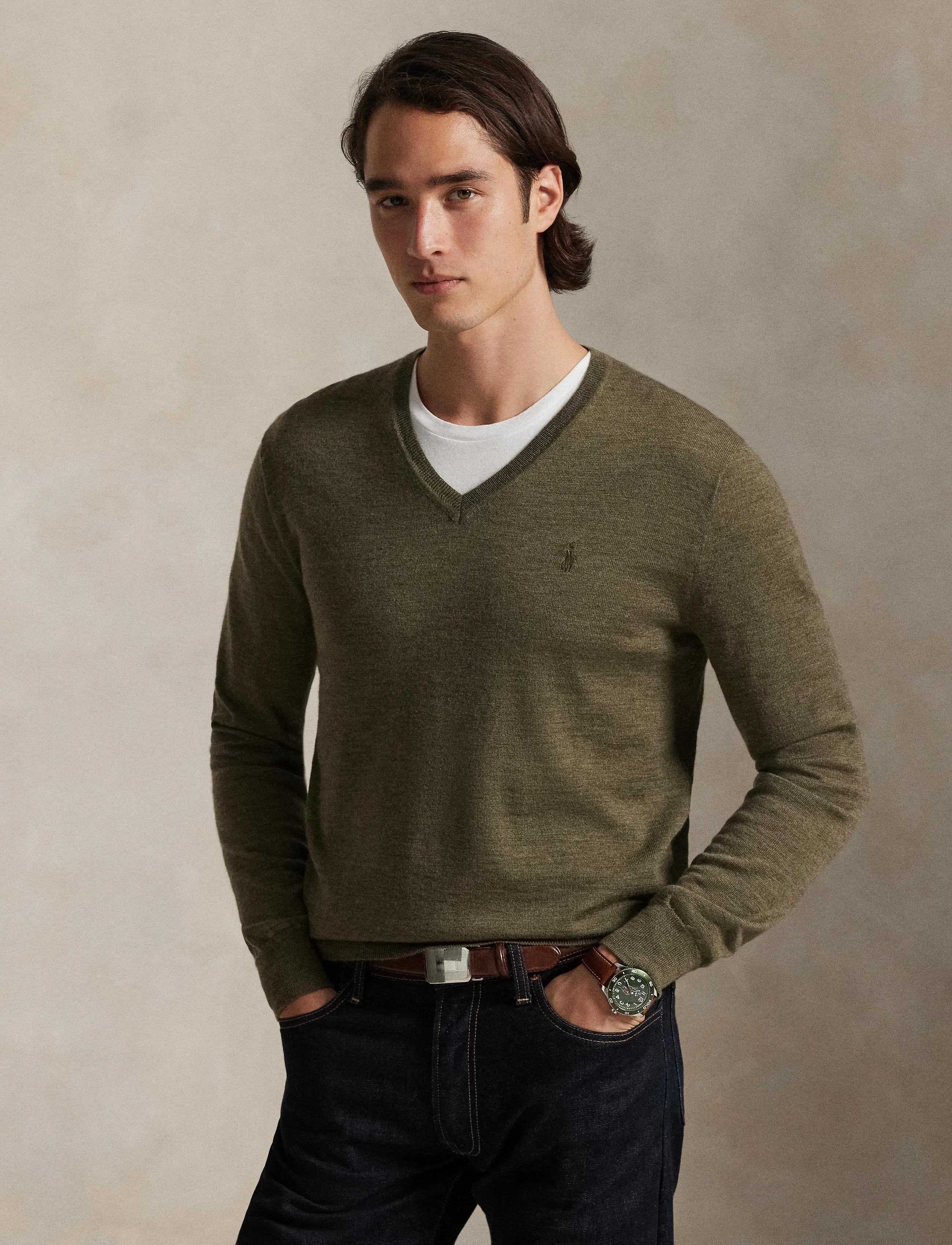 Polo Ralph Lauren - Slim Fit Washable Wool V-Neck Sweater - v-hals - cargo olive heath - 3