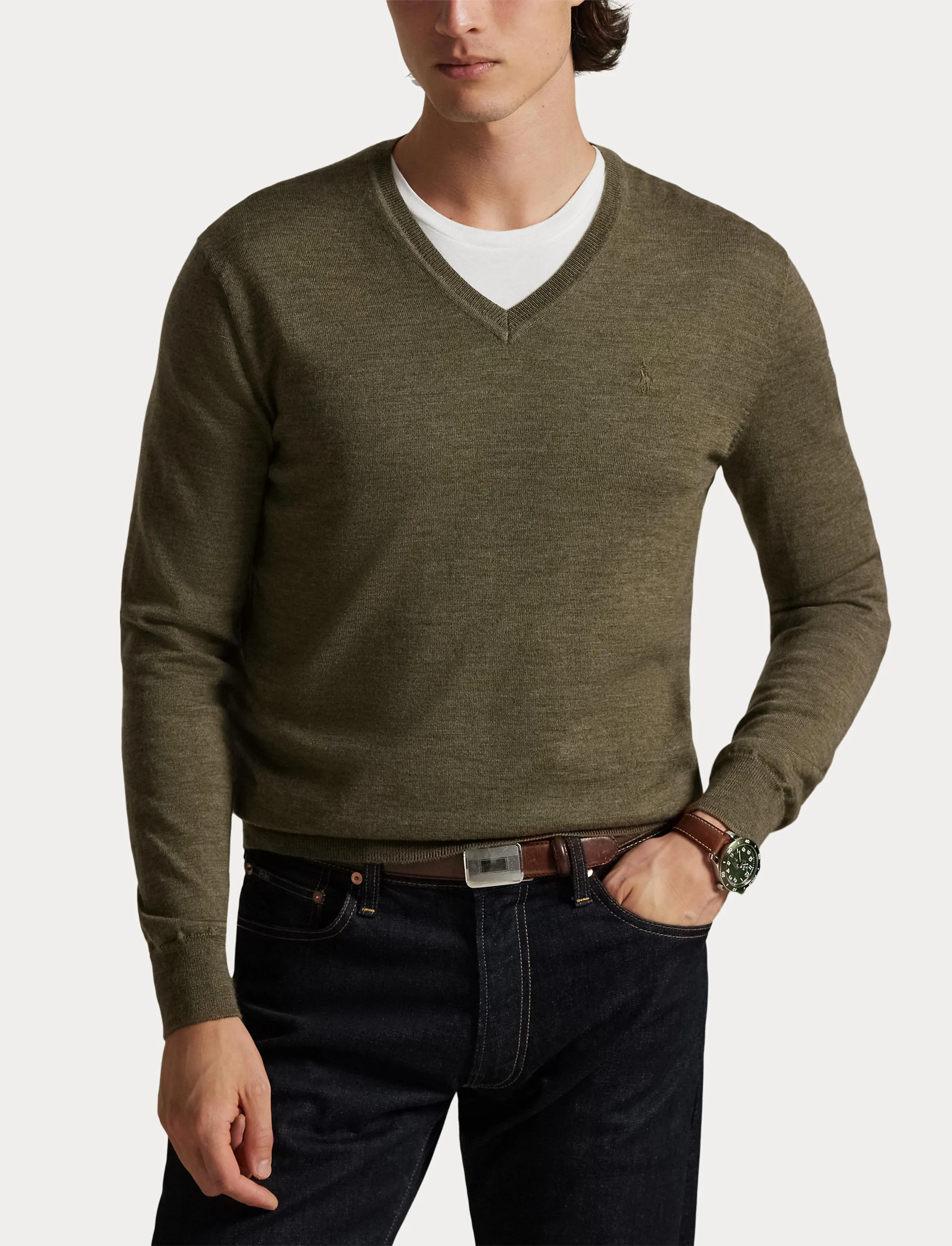 Polo Ralph Lauren - Slim Fit Washable Wool V-Neck Sweater - v-hals - cargo olive heath - 5