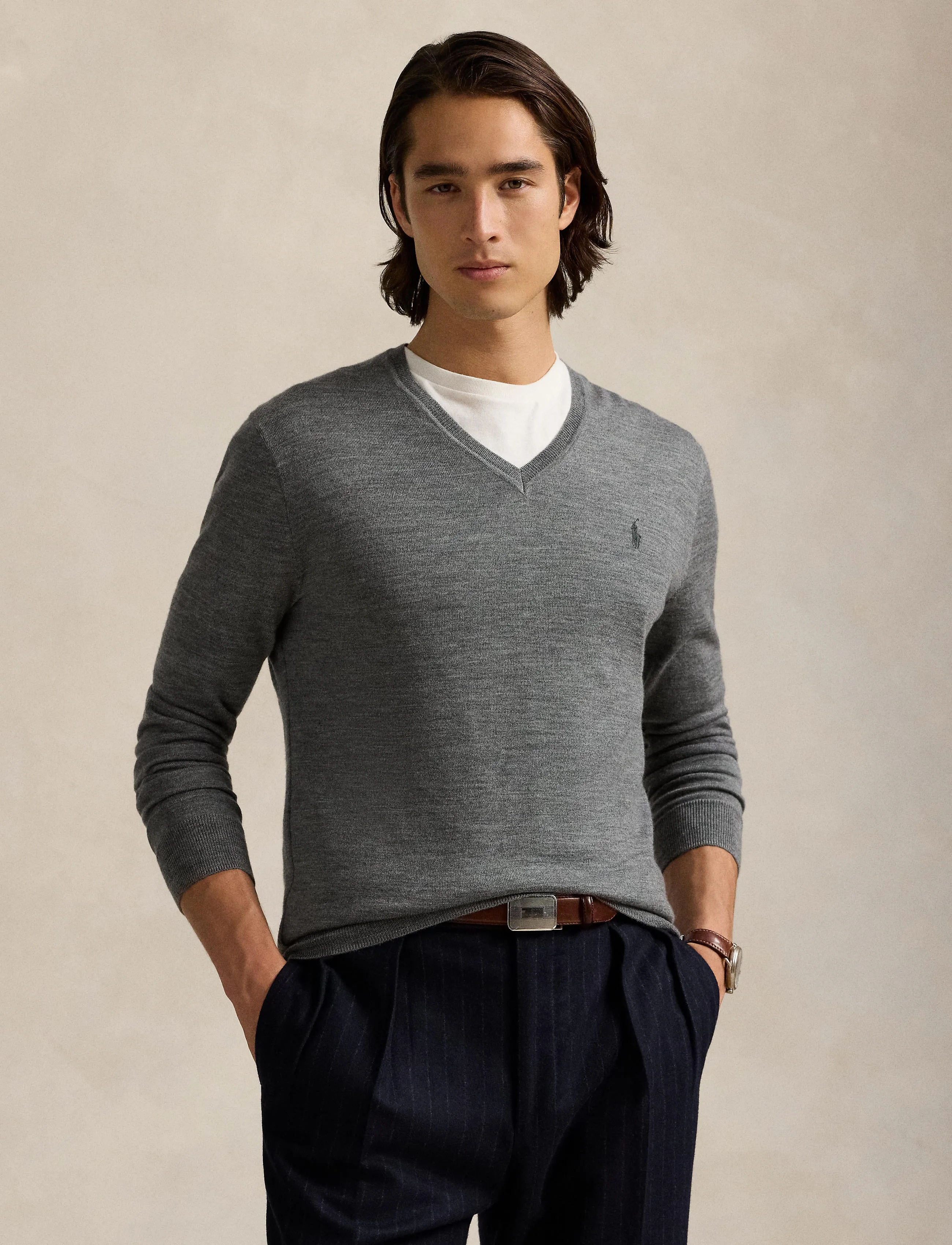 Polo Ralph Lauren - Slim Fit Washable Wool V-Neck Sweater - v-hals - fawn grey heather - 3
