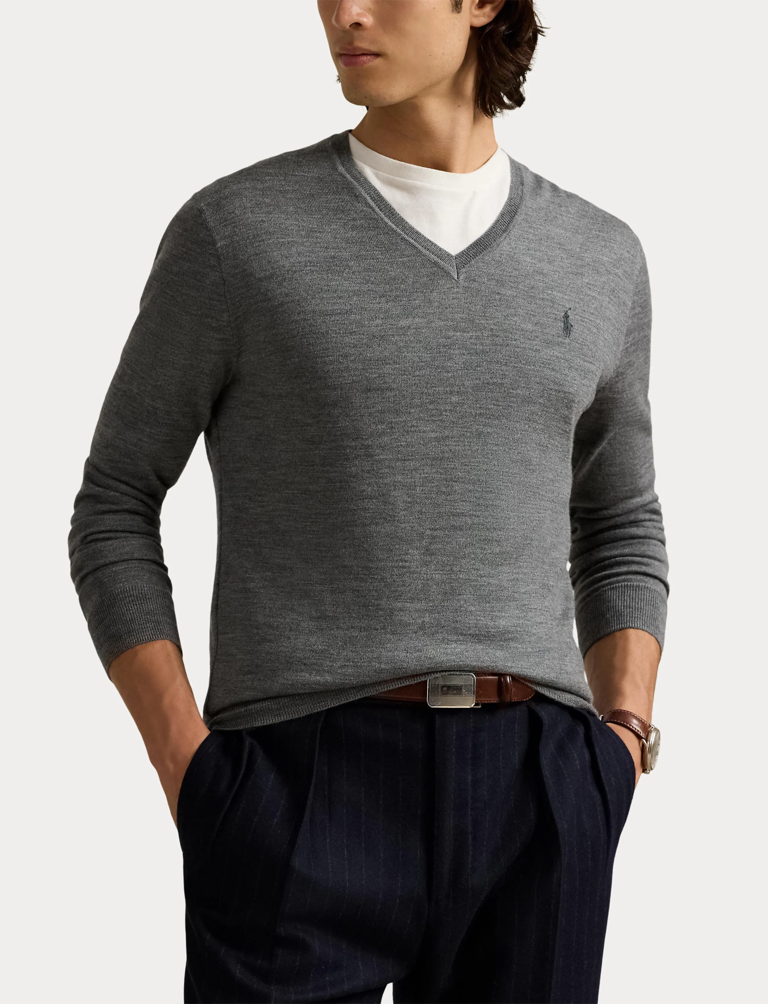 Polo Ralph Lauren - Slim Fit Washable Wool V-Neck Sweater - v-hals - fawn grey heather - 5