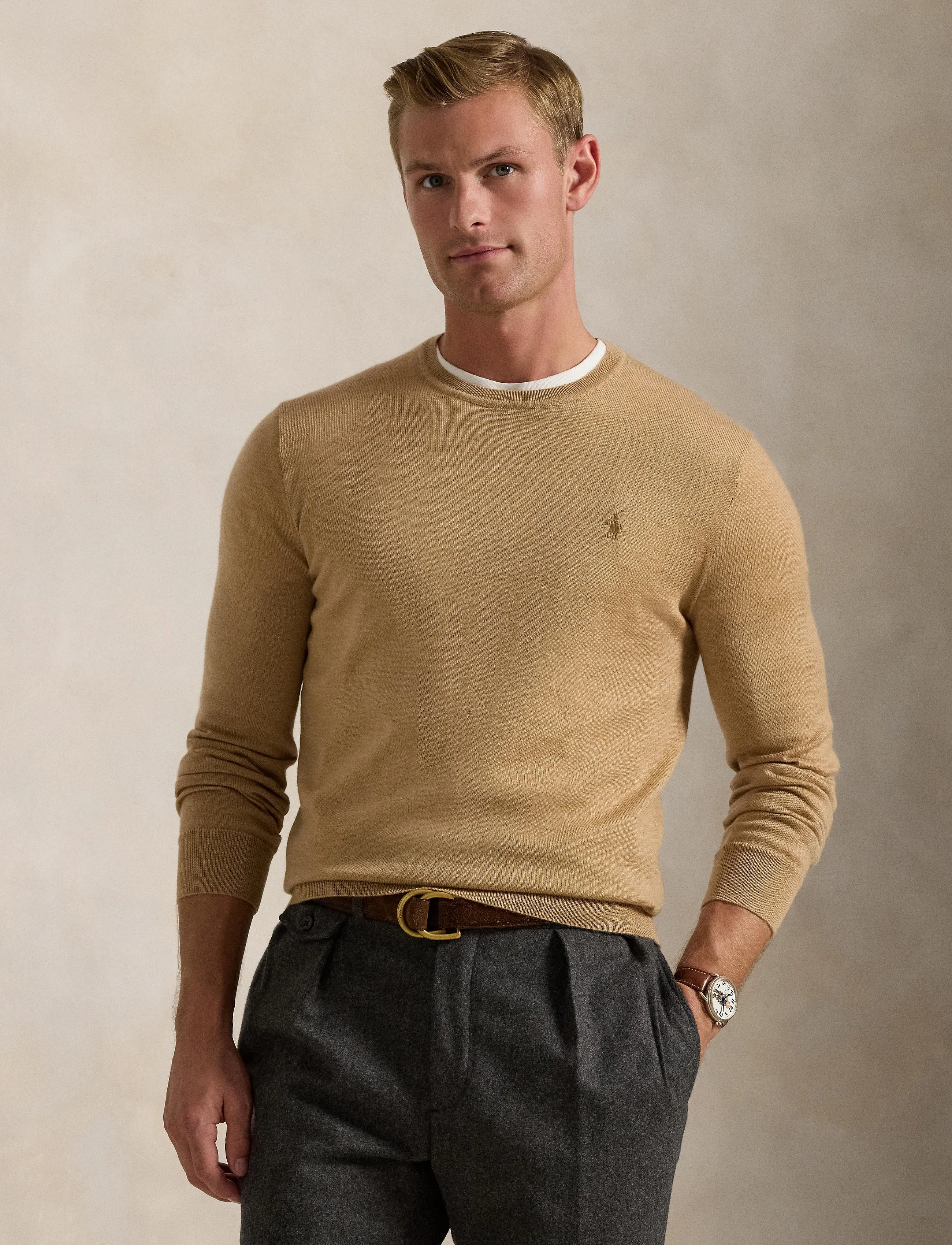 Polo Ralph Lauren - Slim Fit Washable Wool Crewneck Sweater - trøjer - camel melange - 3