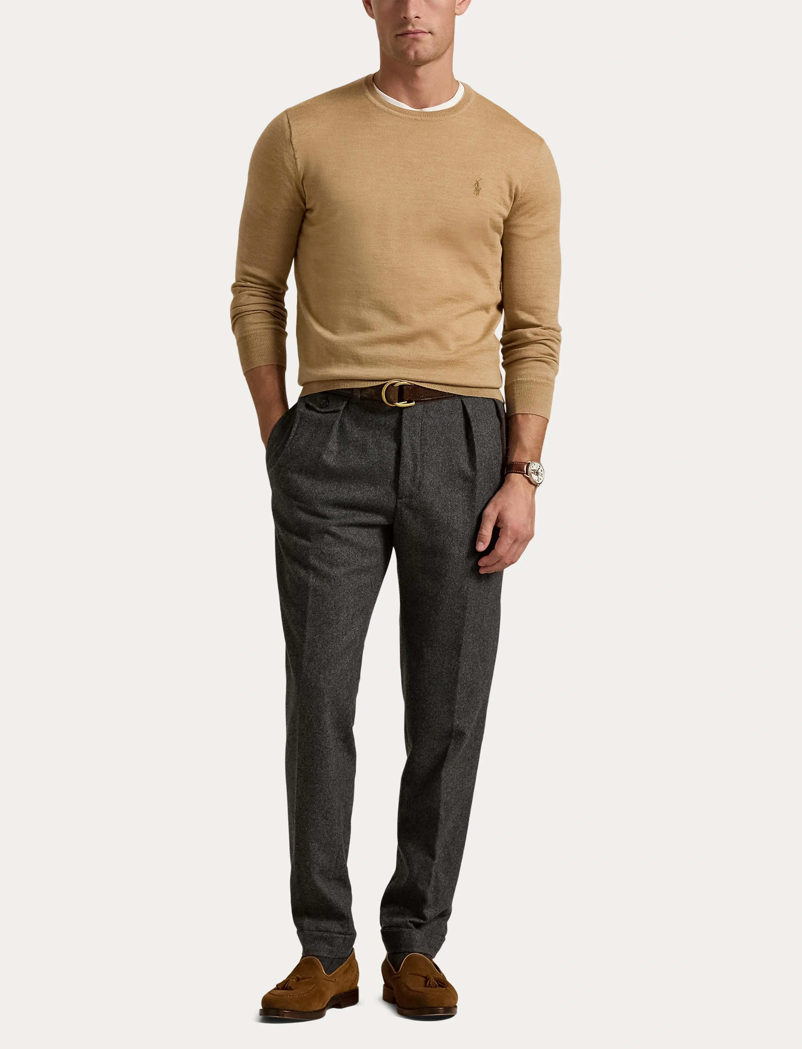 Polo Ralph Lauren - Slim Fit Washable Wool Crewneck Sweater - trøjer - camel melange - 4
