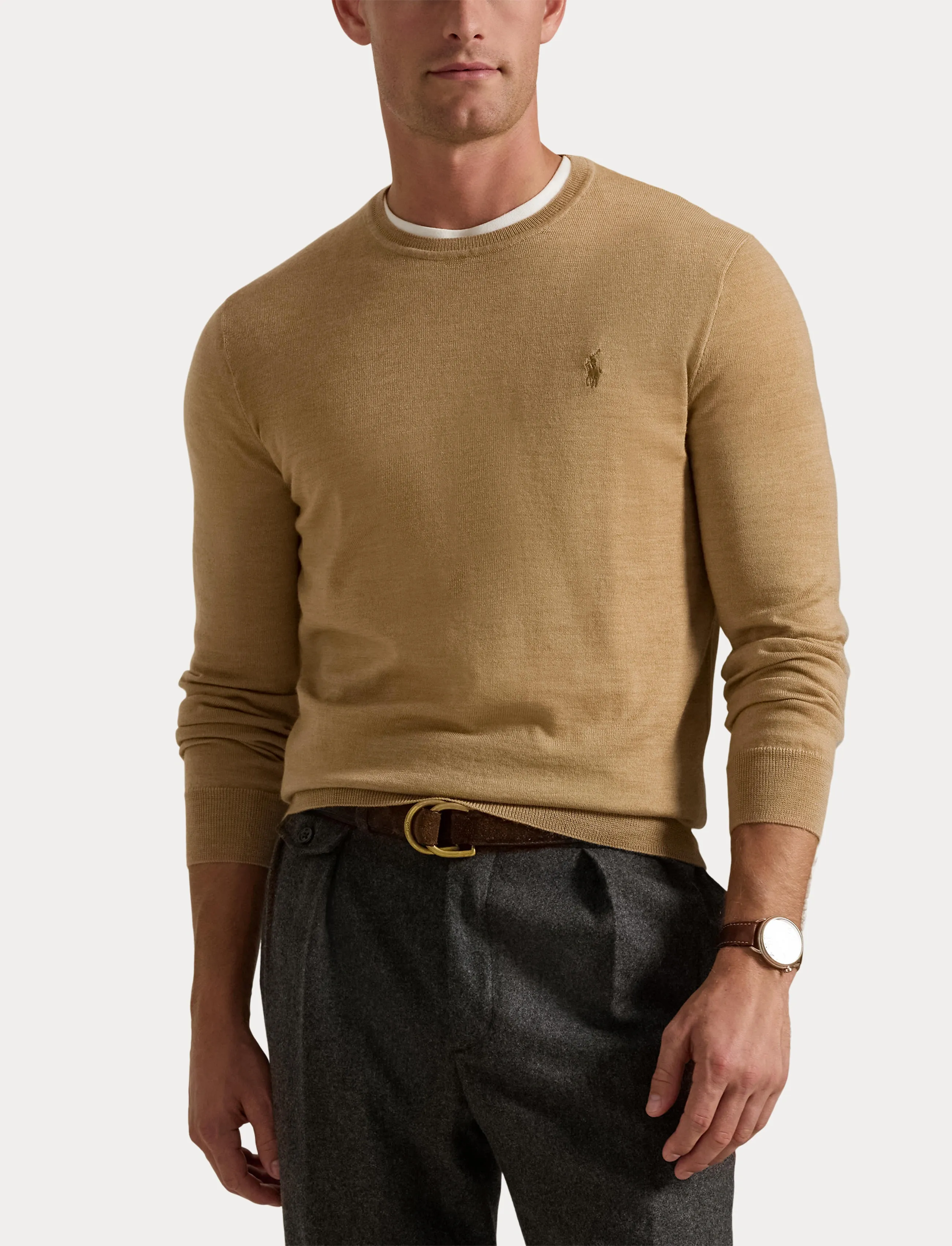 Polo Ralph Lauren - Slim Fit Washable Wool Crewneck Sweater - trøjer - camel melange - 5