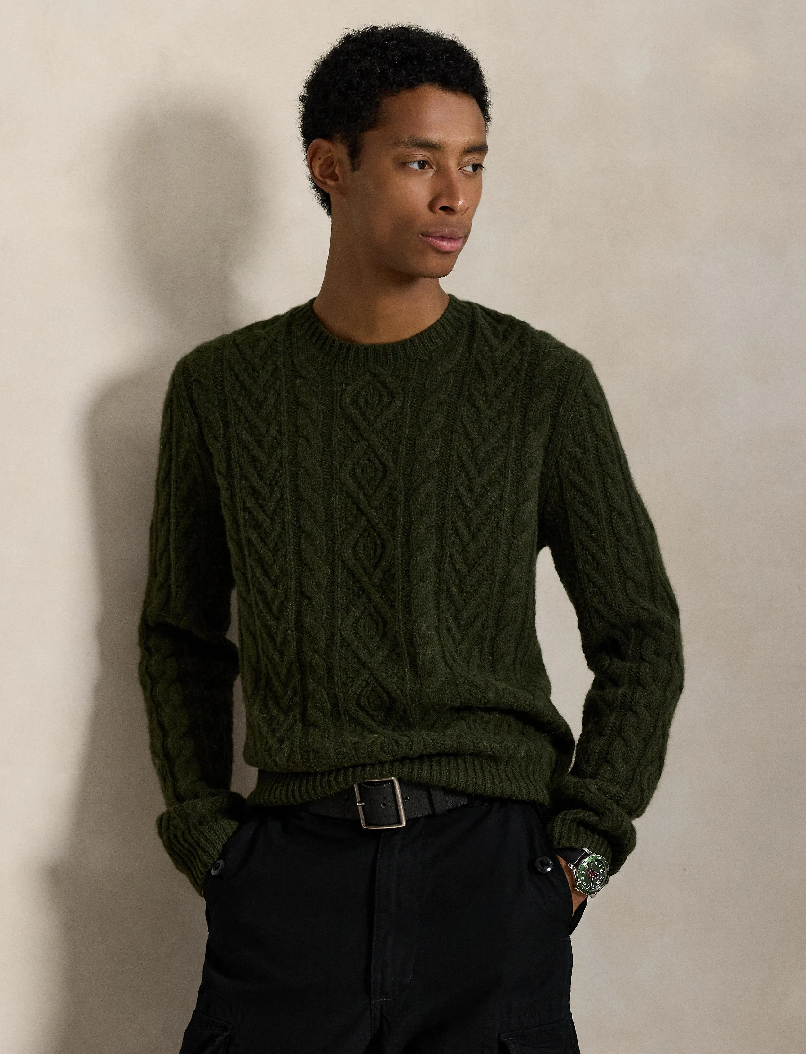 Polo Ralph Lauren - Wool-Alpaca Fisherman’s Sweater - megztinis su apvalios formos apykakle - leaf green heathe - 3