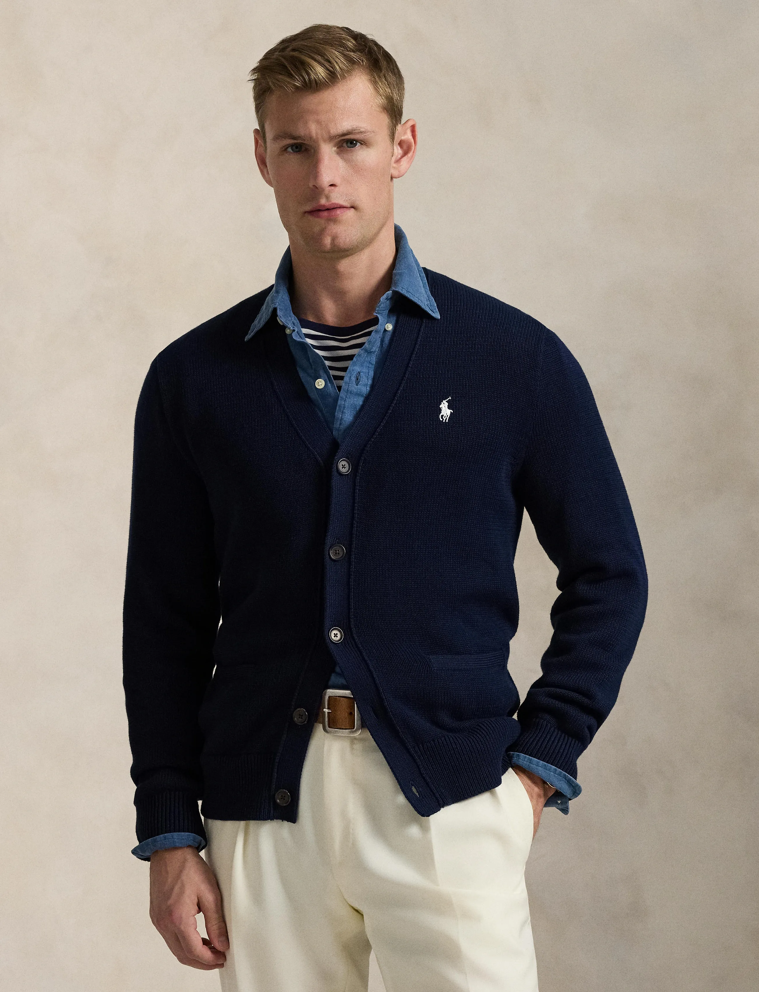 Polo Ralph Lauren Cotton V-Neck Cardigan - Cardigans - HUNTER NAVY/WHITE / multi
