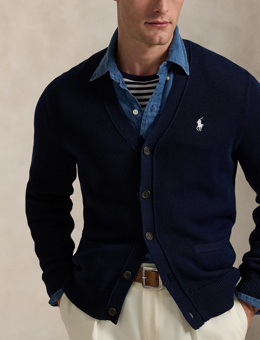 Polo Ralph Lauren - Cotton V-Neck Cardigan - susegamieji megztiniai - hunter navy/white - 4