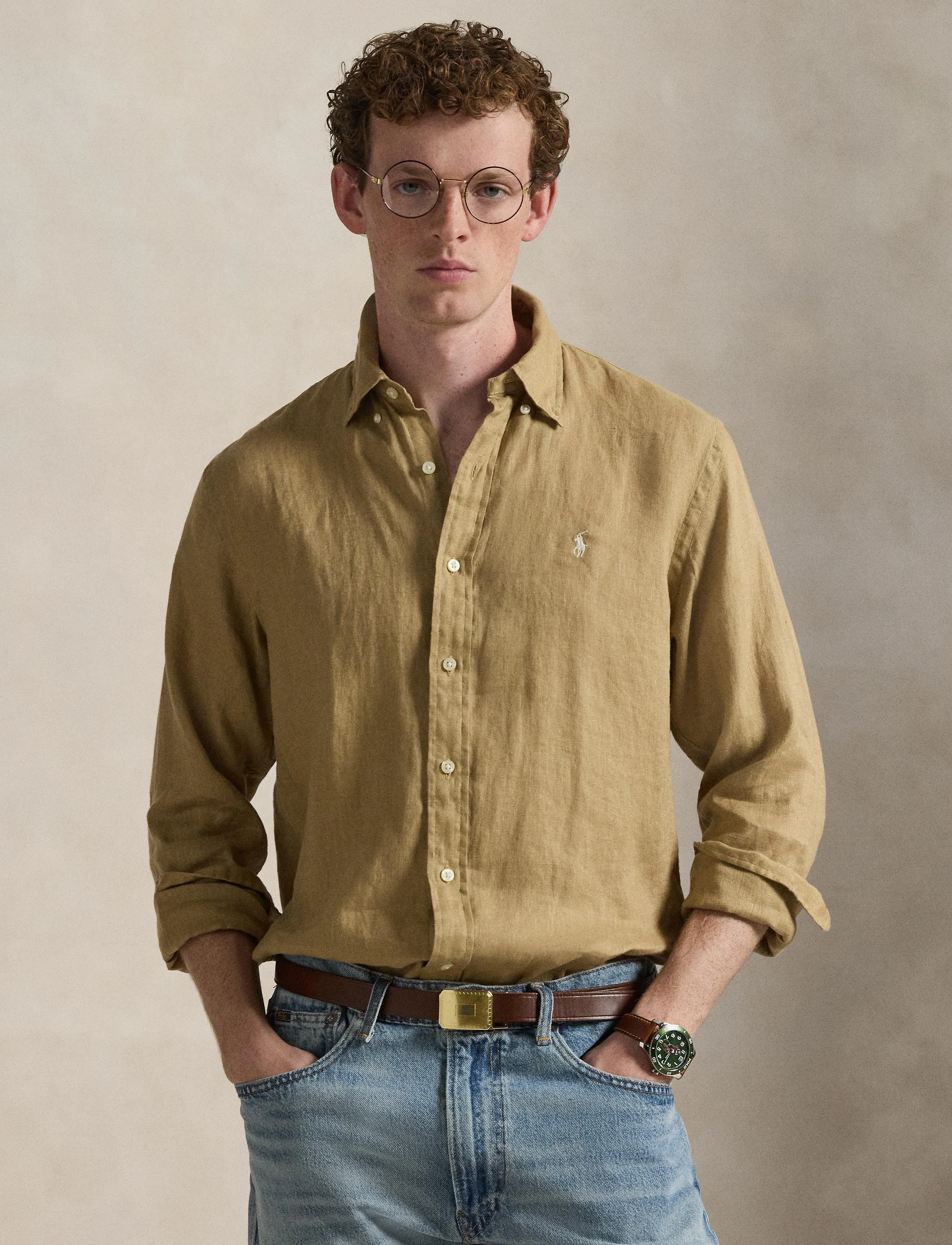 Polo Ralph Lauren Custom Fit Linen Shirt, Mænd, Skræddersyet Hørskjorte, Beige, Str: XXL