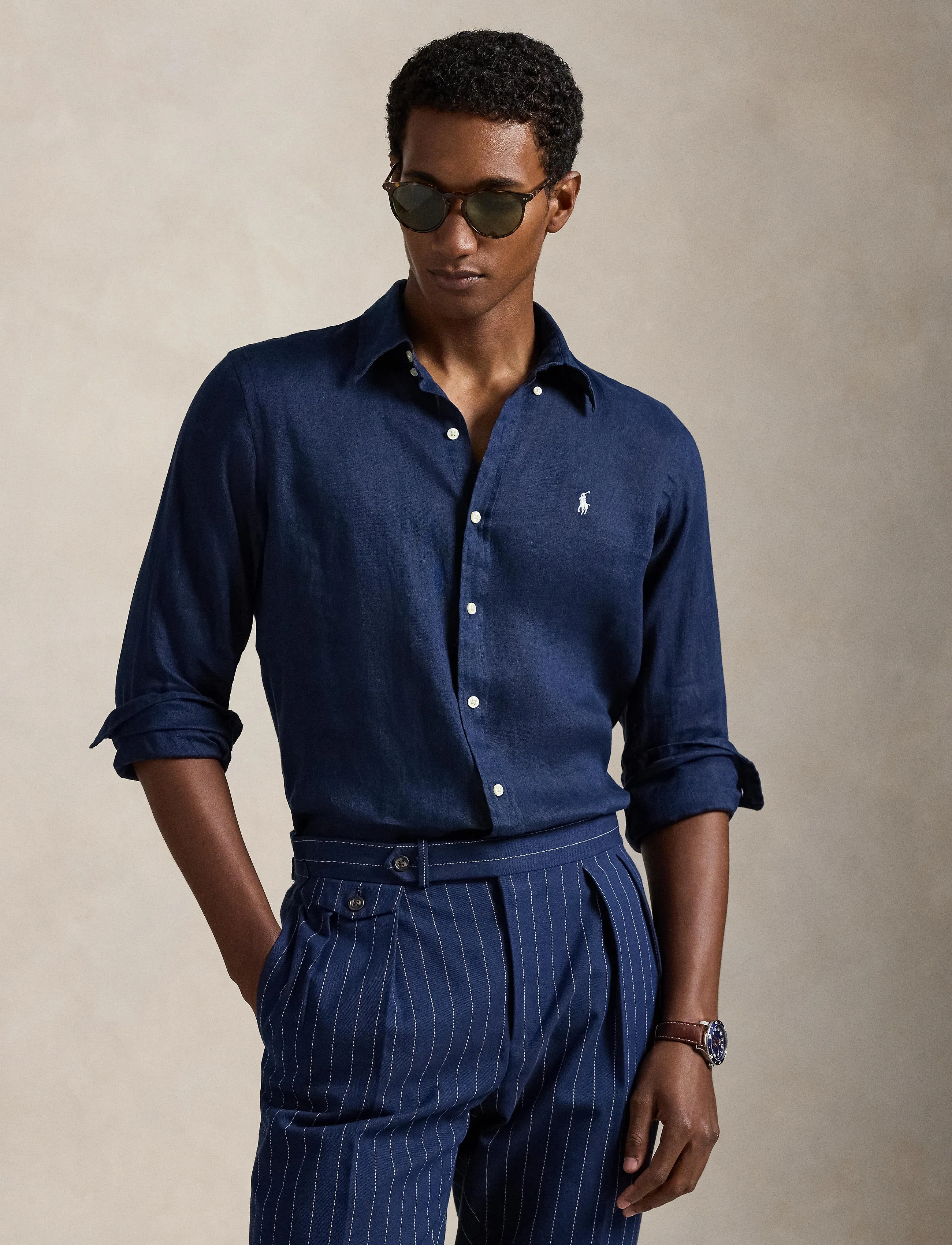 Polo Ralph Lauren Custom Fit Linen Shirt - App deal - NEWPORT NAVY W/ W / navy