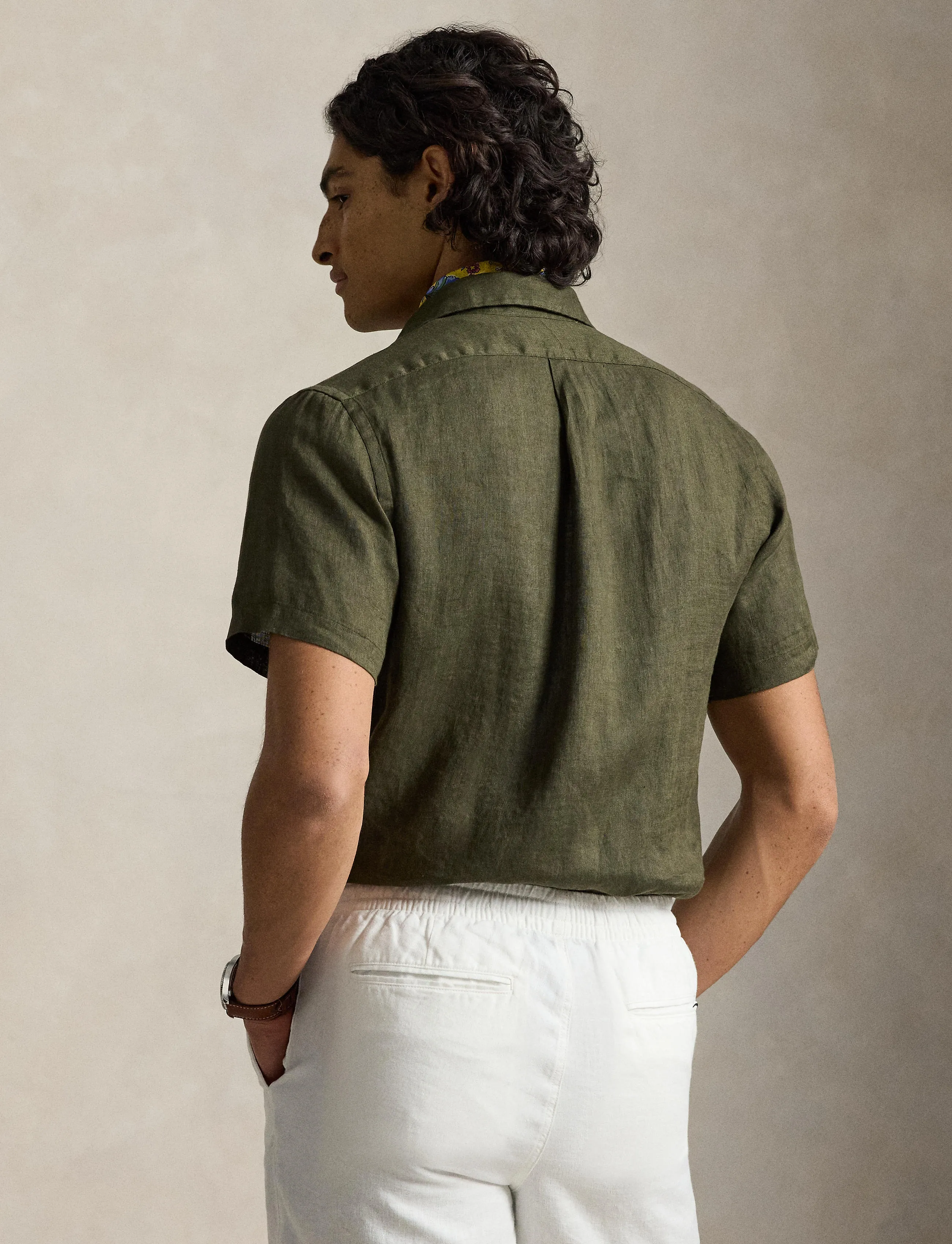 Polo Ralph Lauren Custom Fit Linen Shirt, Mænd, Custom Fit Kortærmet Hørskjorte, Kakigrøn, Str: L