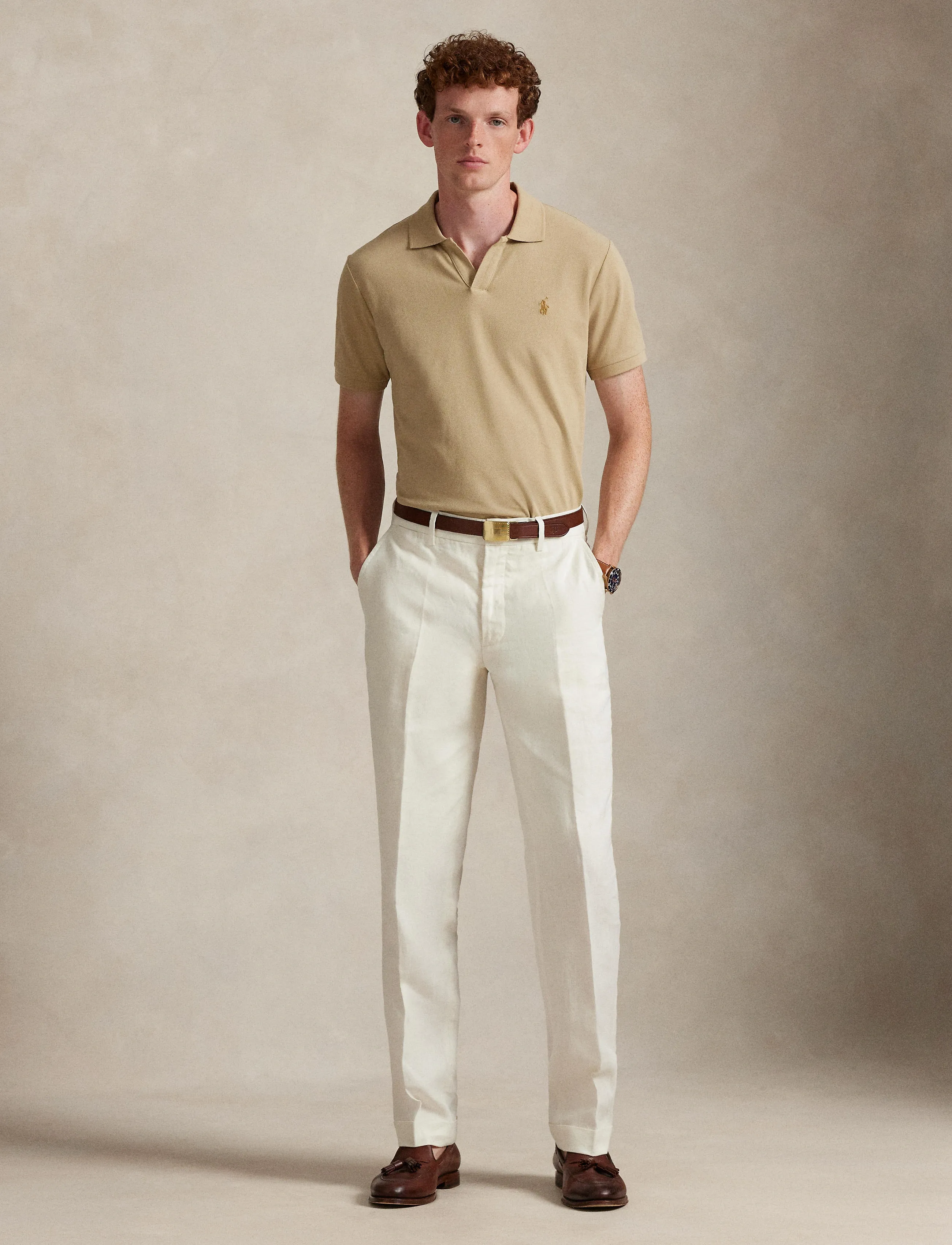 Polo Ralph Lauren Custom Slim Fit Stretch Mesh Polo Shirt, Mænd, Slim Fit Polo T-shirt, Beige, Str: XS