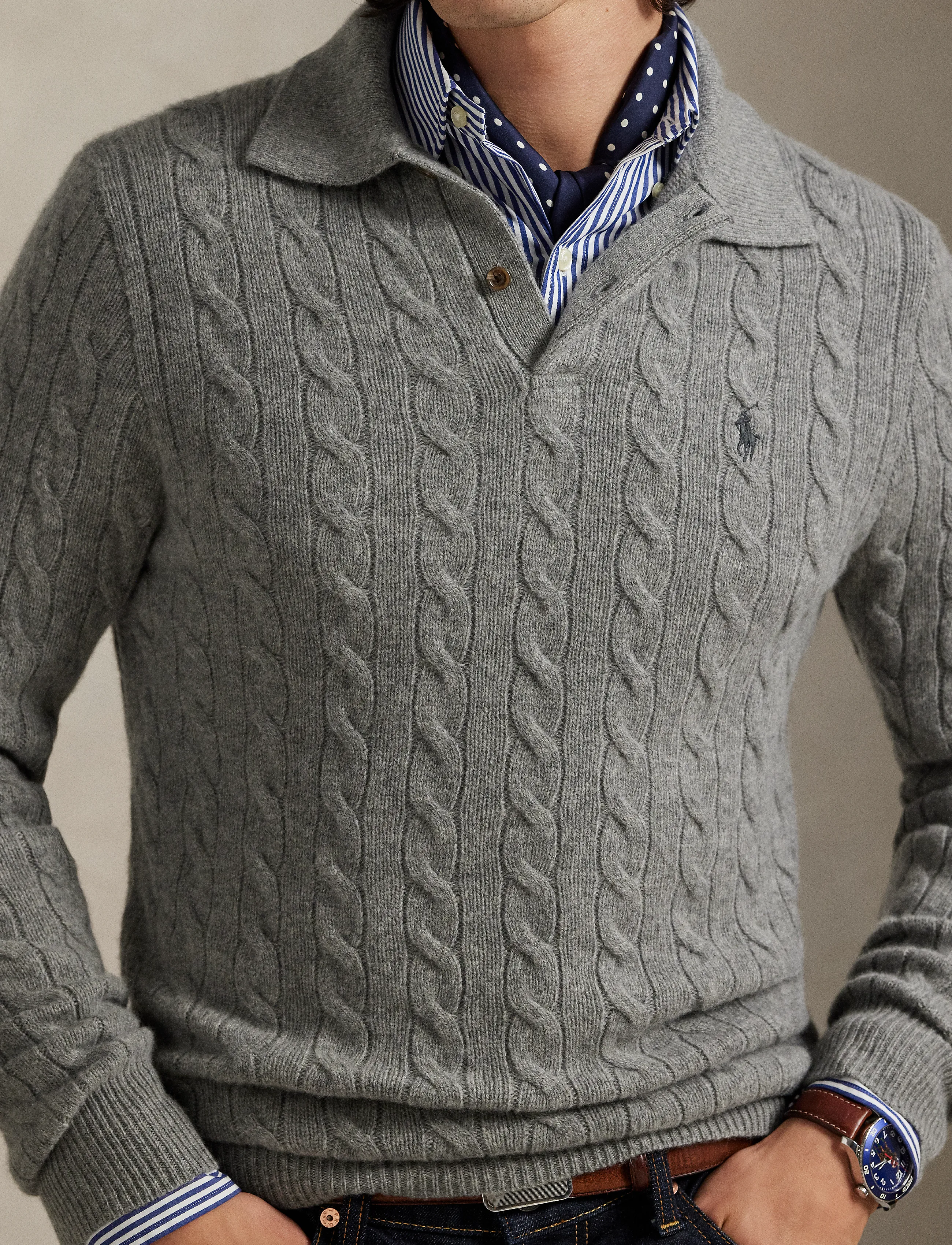 Polo Ralph Lauren - Cable-Knit Wool-Cashmere Sweater - fawn grey heather - 3