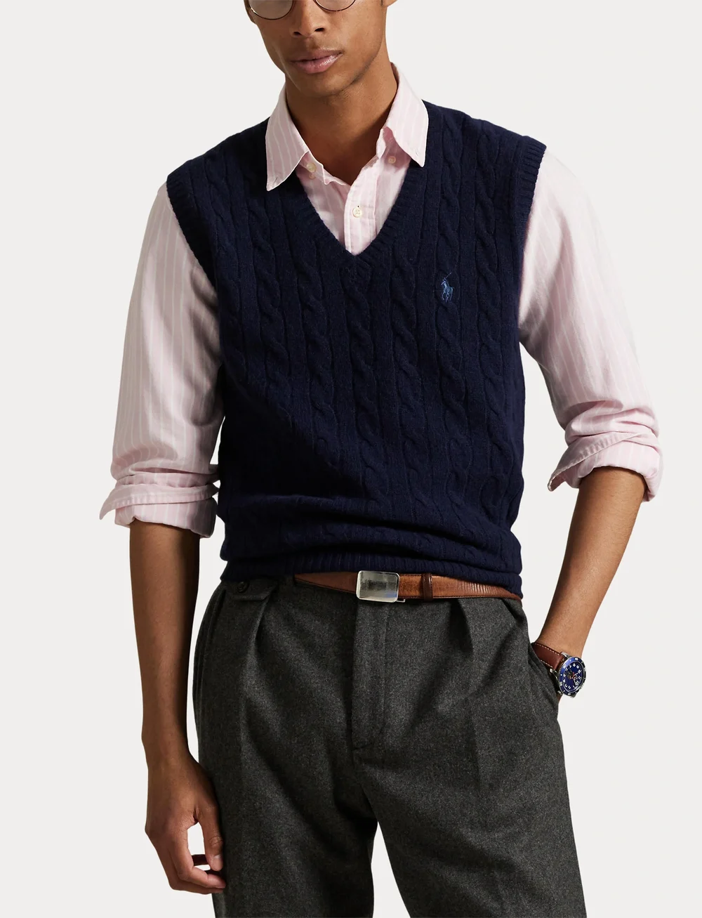 Polo Ralph Lauren - Cable-Knit Wool-Cashmere Sweater Vest - strikveste - hunter navy - 5