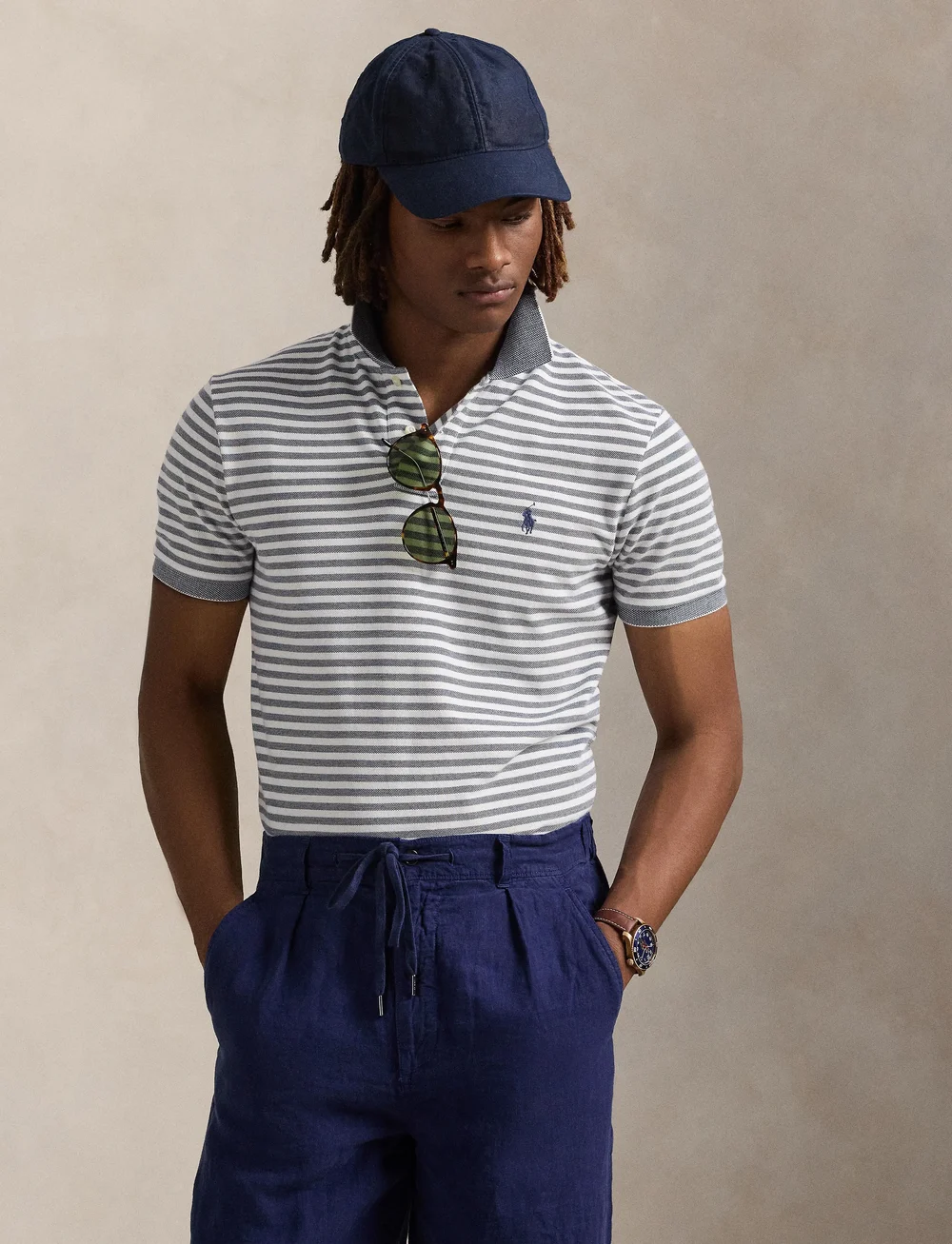 Polo Ralph Lauren - Custom Slim Fit Striped Mesh Polo Shirt - short-sleeved polos - newport navy/whit - 3