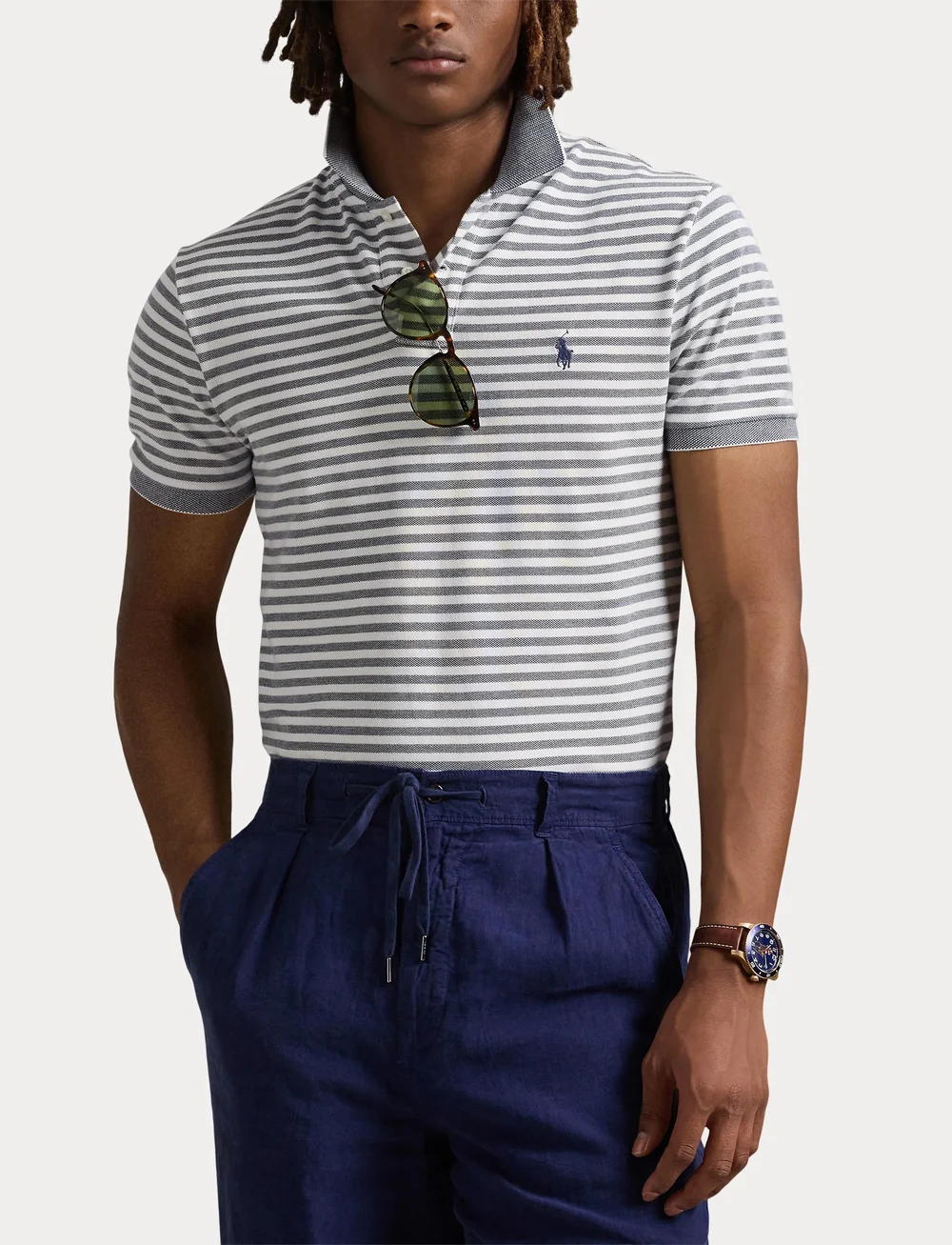 Polo Ralph Lauren - Custom Slim Fit Striped Mesh Polo Shirt - short-sleeved polos - newport navy/whit - 5