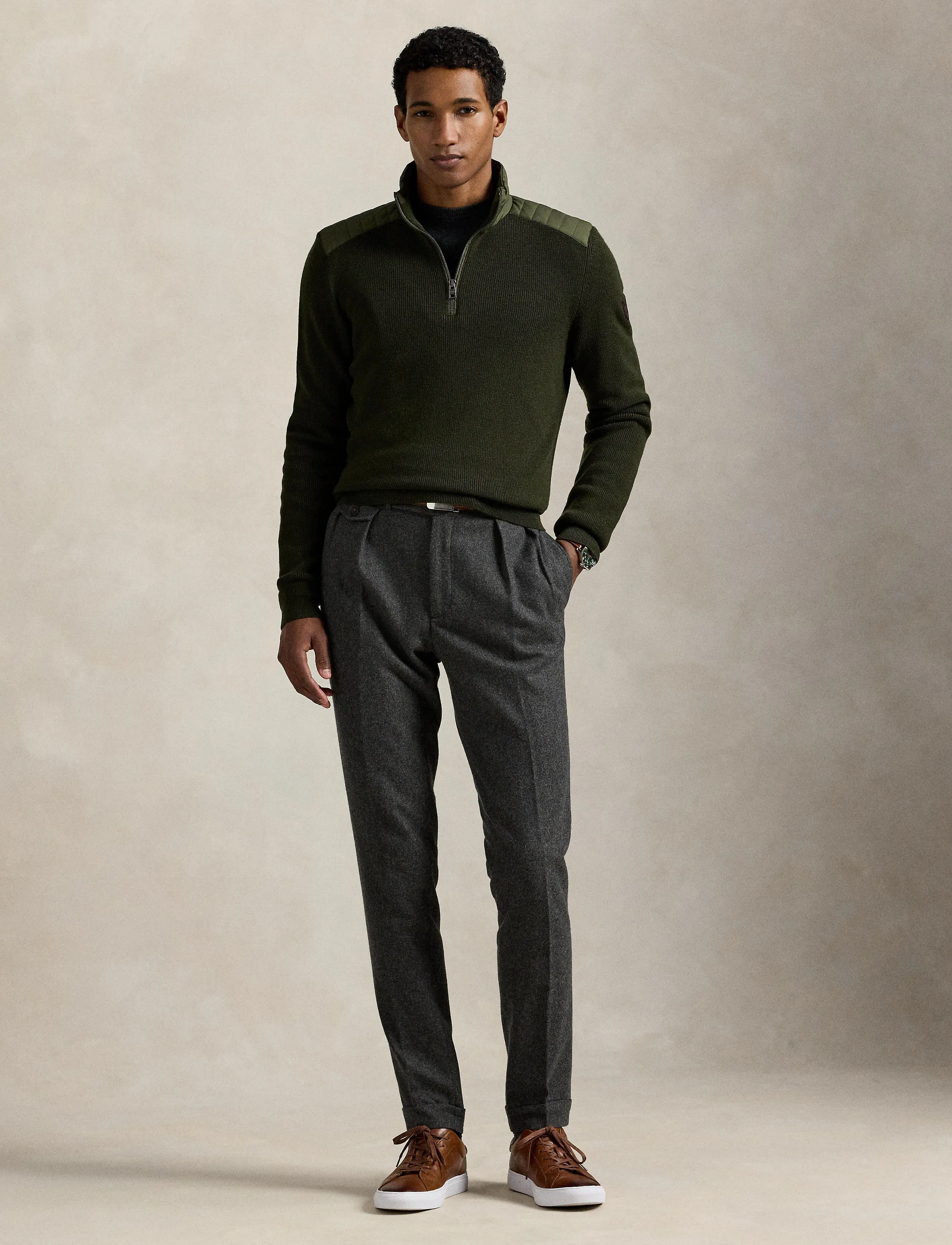 Polo Ralph Lauren Hybrid Quarter-Zip Sweater, M, Knitwear, Khakigrün - Half Zip Jumpers, Männerswear