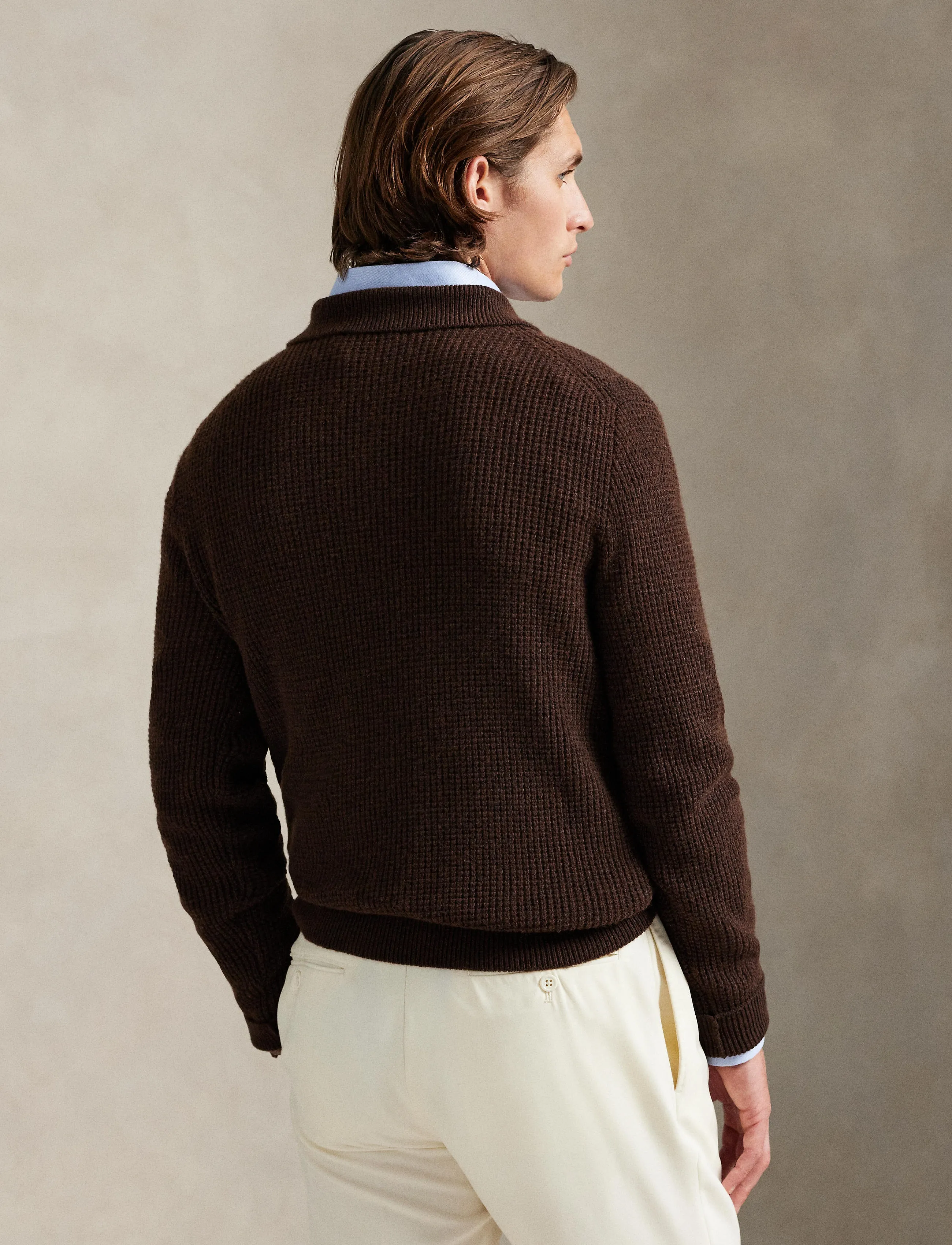 Polo Ralph Lauren - Textured Wool-Cotton Polo-Collar Sweater - prjónaðir, síðerma pólóbolir - cacao brown heath - 3