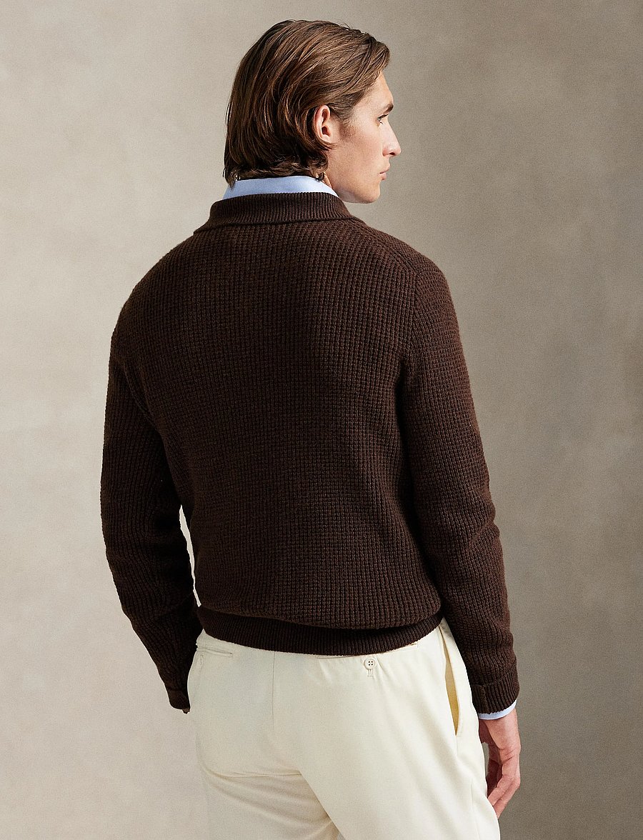 Polo Ralph Lauren - Textured Wool-Cotton Polo-Collar Sweater - langärmelige gestrickte polohemden - cacao brown heath - 3