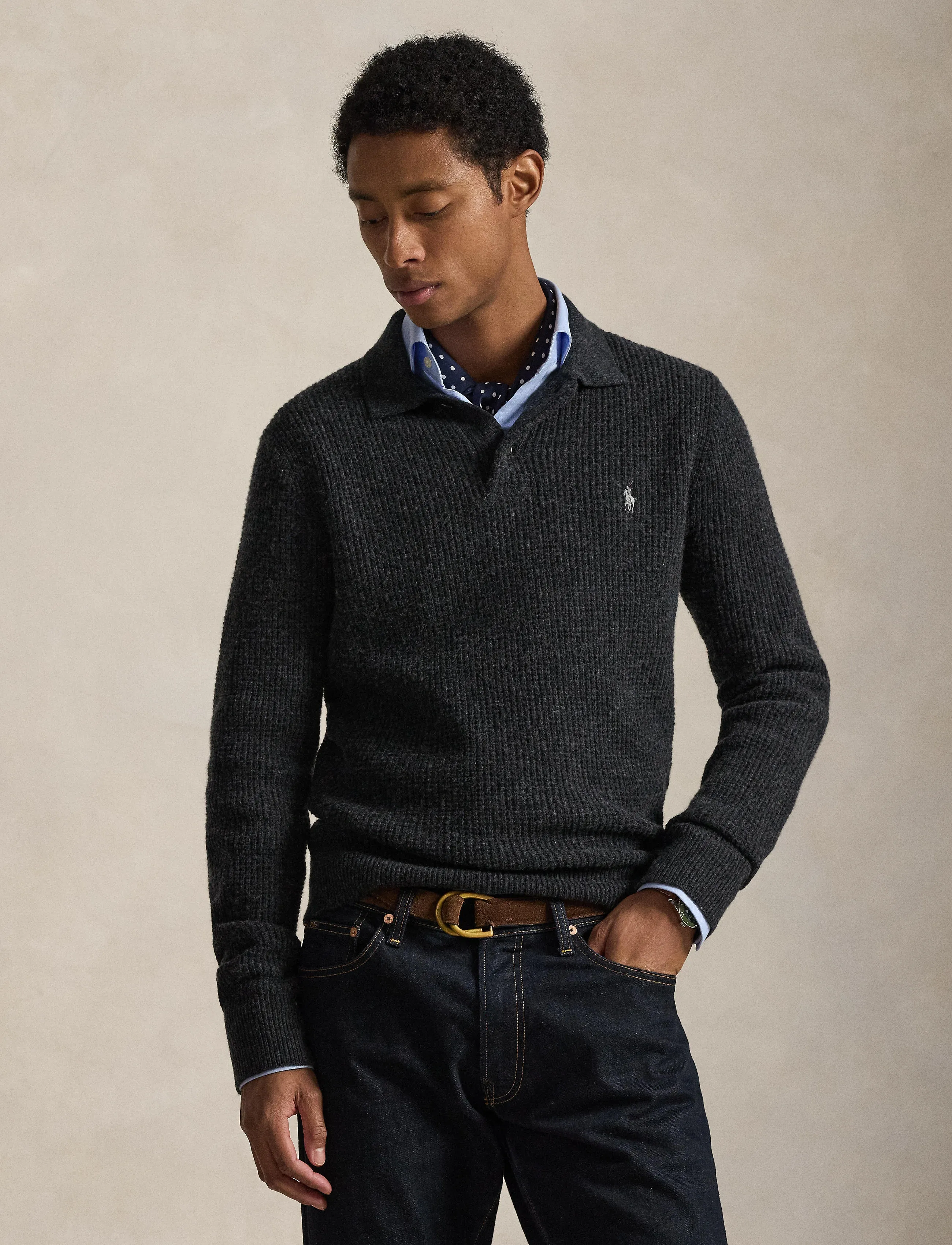 Polo Ralph Lauren Textured Wool-Cotton Polo-Collar Sweater - Clothing - DARK GRANITE HEAT / grey