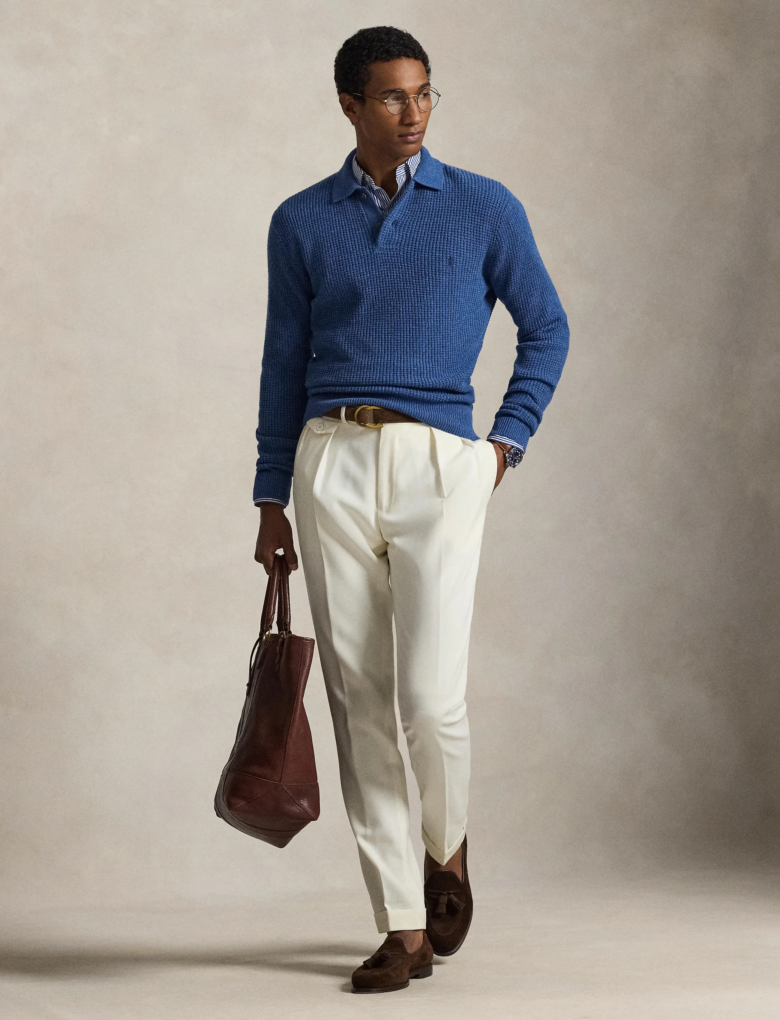Polo Ralph Lauren - Textured Wool-Cotton Polo-Collar Sweater - poloer i strik med lange ærmer - sea salt blue hth - 4