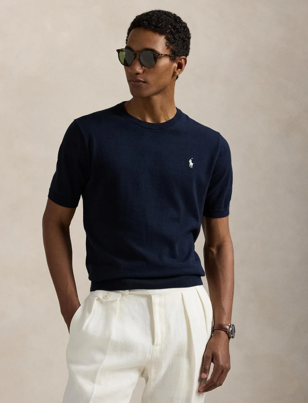 Polo Ralph Lauren - Cotton Crewneck Short-Sleeve Sweater - knitted round necks - hunter navy - 3