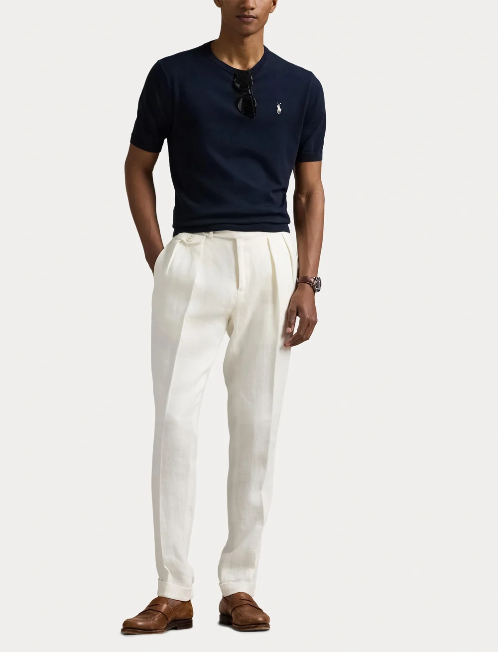 Polo Ralph Lauren - Cotton Crewneck Short-Sleeve Sweater - knitted round necks - hunter navy - 4