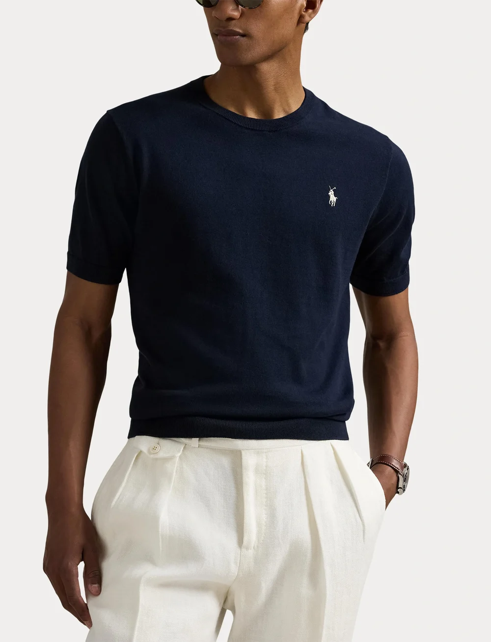 Polo Ralph Lauren - Cotton Crewneck Short-Sleeve Sweater - knitted round necks - hunter navy - 5