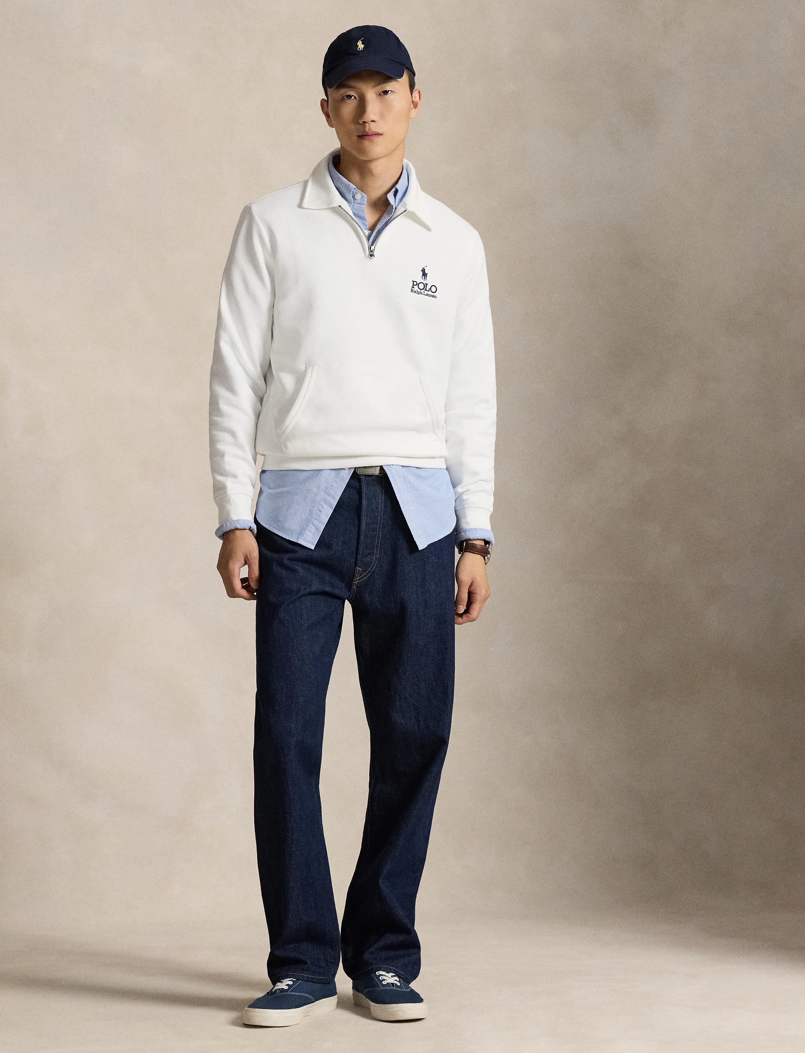 Polo Ralph Lauren Logo Fleece Collared Sweatshirt, S, White, Strik > Trøjer Med Halv Lynlås, Herre