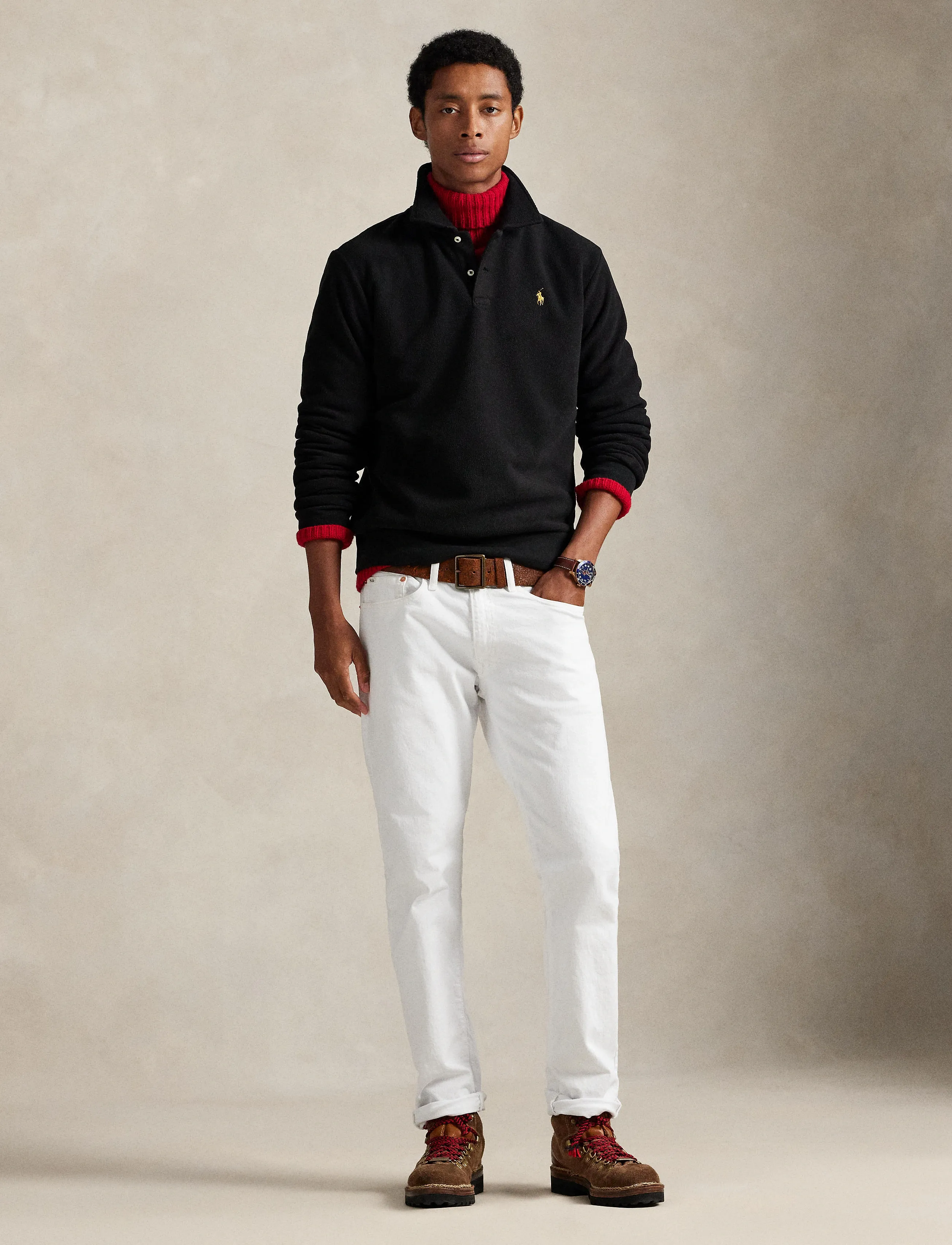 Polo Ralph Lauren Brushed Fleece Polo-Collar Pullover, Mænd, Børstet Fleece Polo Pullover, Sort, Str: XS