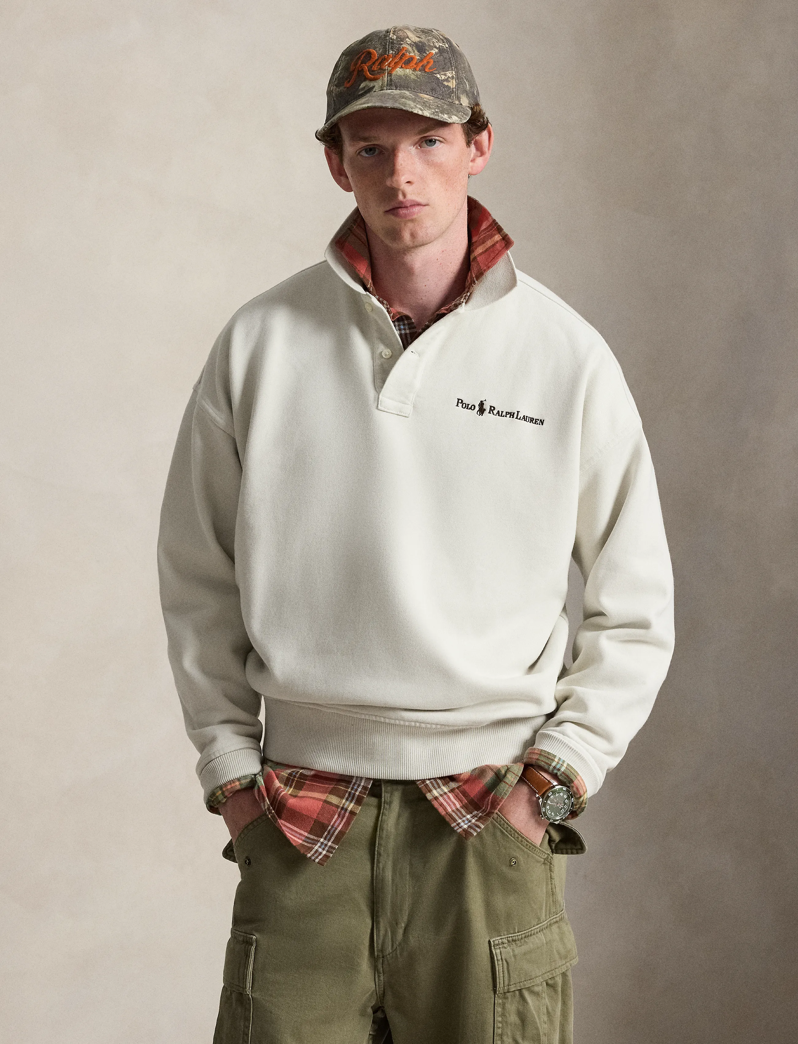 Polo Ralph Lauren Relaxed Fit Logo Collared Sweatshirt - Sweatshirts & Hoodies - STONE PEBBLE / white