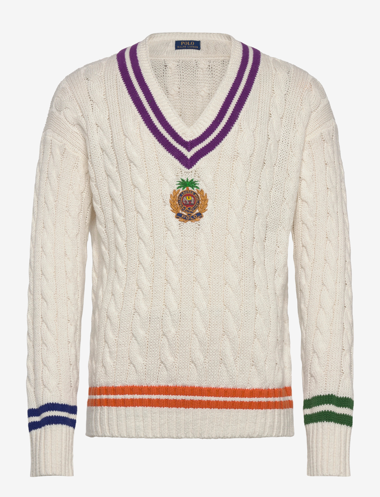 Polo Ralph Lauren - Embroidered Cotton-Linen Cricket Sweater - knitted v-necks - cream combo - 1