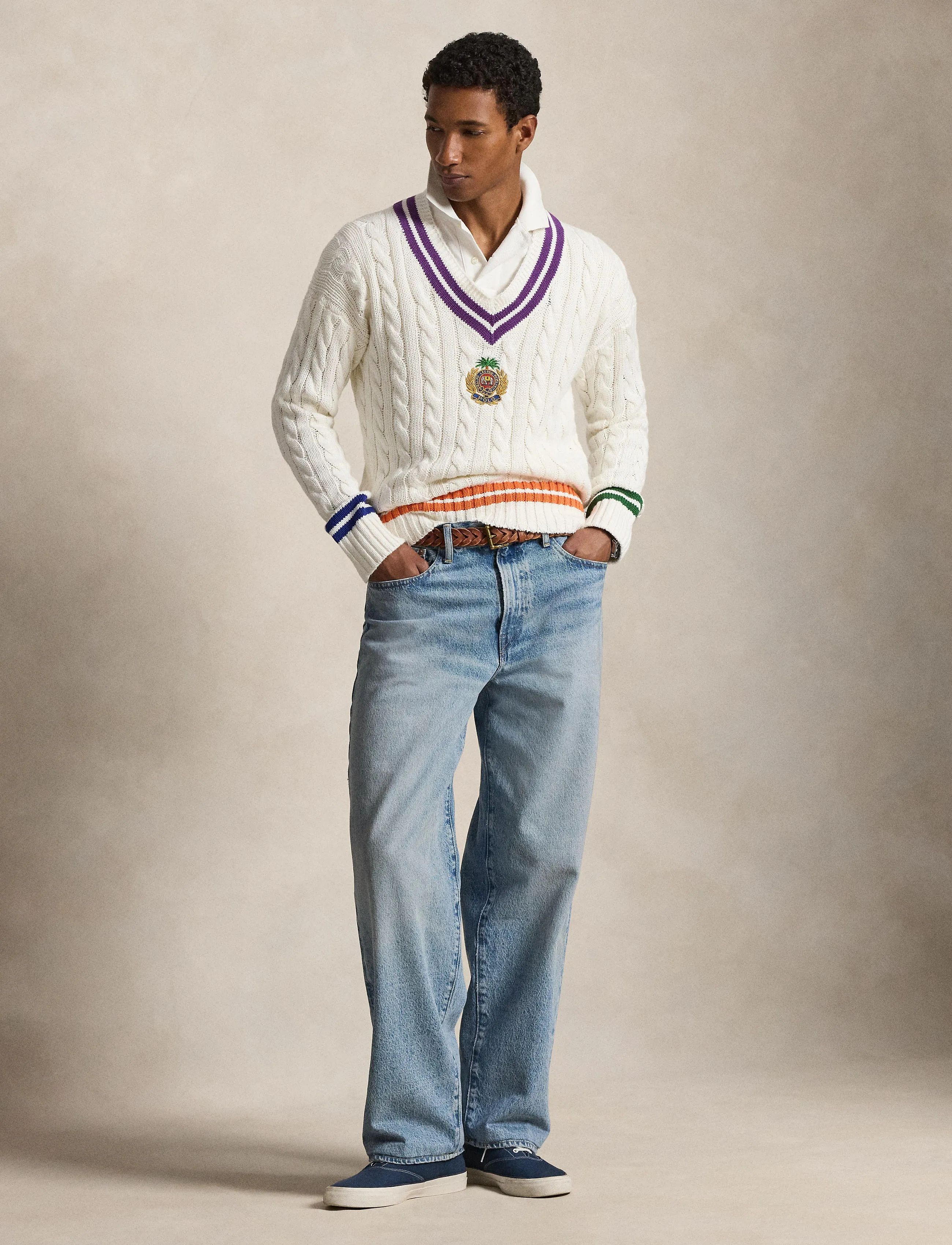Polo Ralph Lauren Embroidered Cotton-Linen Cricket Sweater, Mænd, Cricket Sweater, Cream, Str: S