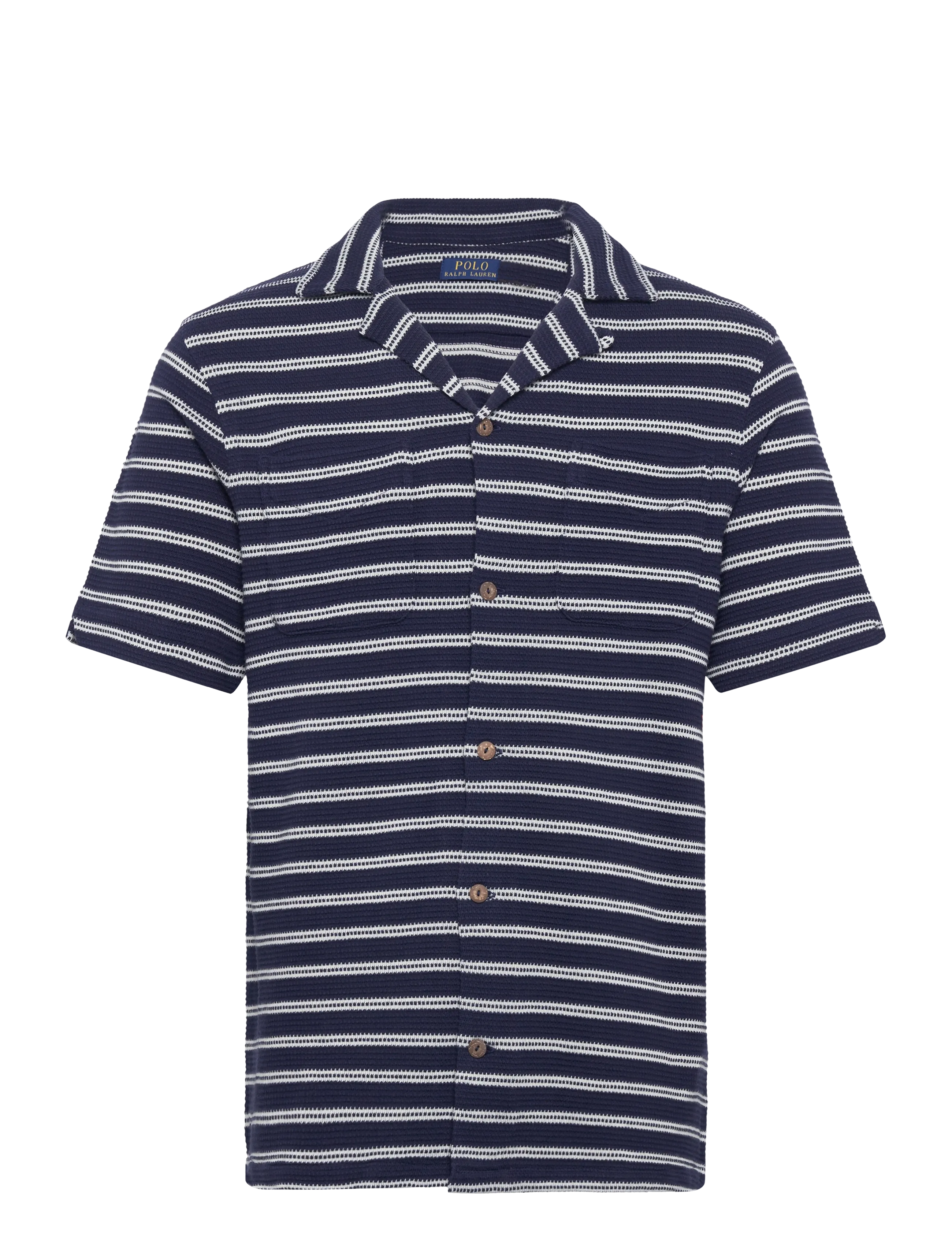 Polo Ralph Lauren Striped Cotton-Blend Camp Shirt, Mænd, Kortærmet Stribet Strikket Skjorte, Navy, Str: S