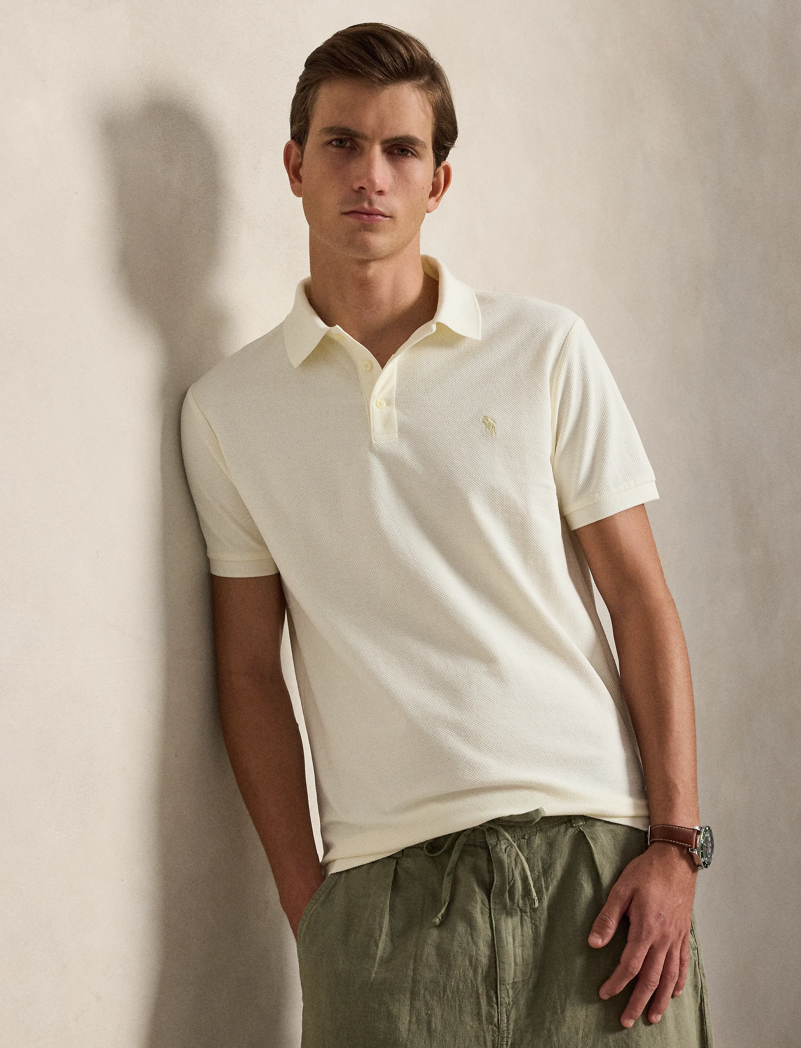 Polo Ralph Lauren Custom Slim Fit Honeycomb-Mesh Polo, S, Polos, Creme - Short-sleeved, Männerswear