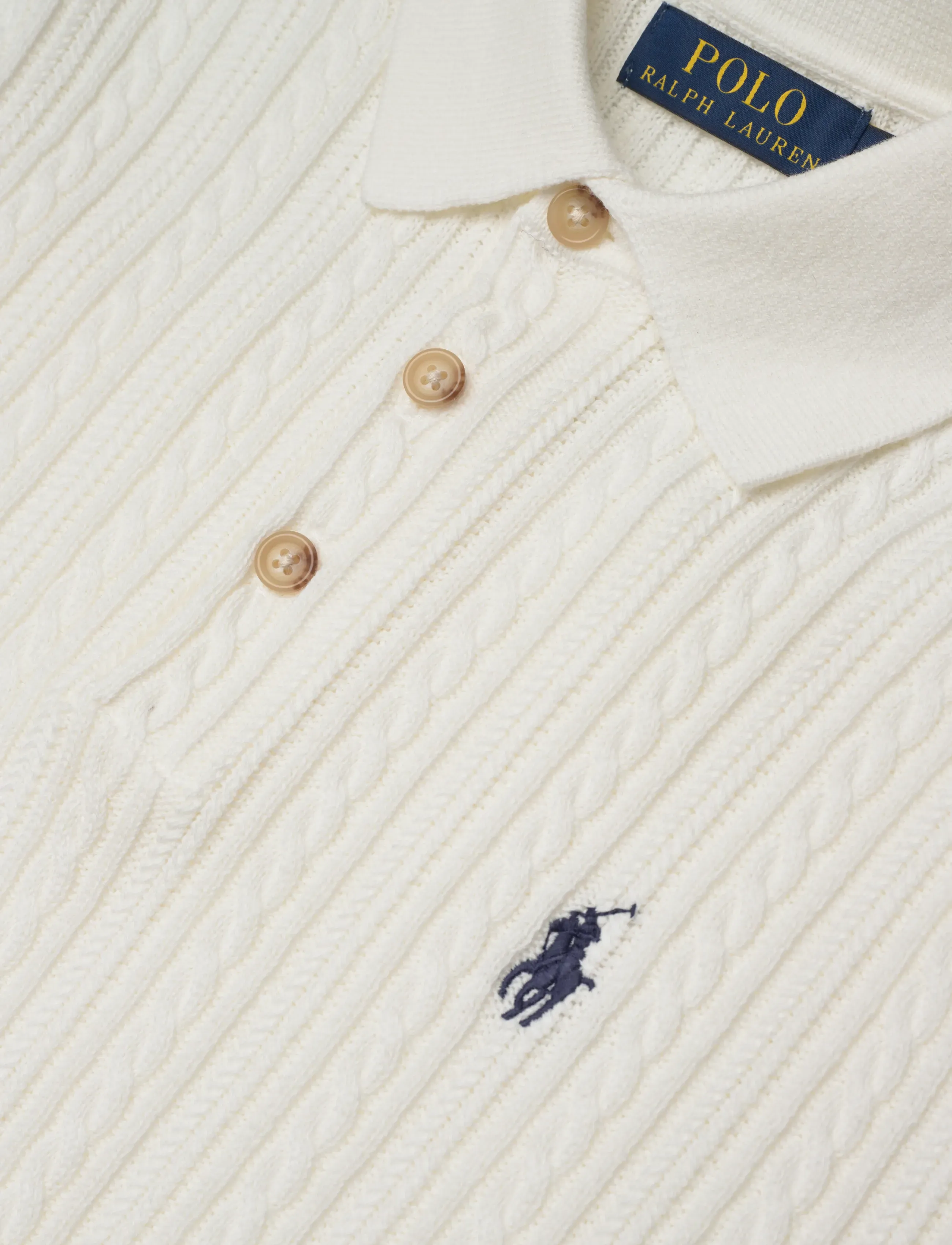Polo Ralph Lauren - Cable-Knit Cotton Polo-Collar Sweater - stickade pikéer - deckwash white w - 2