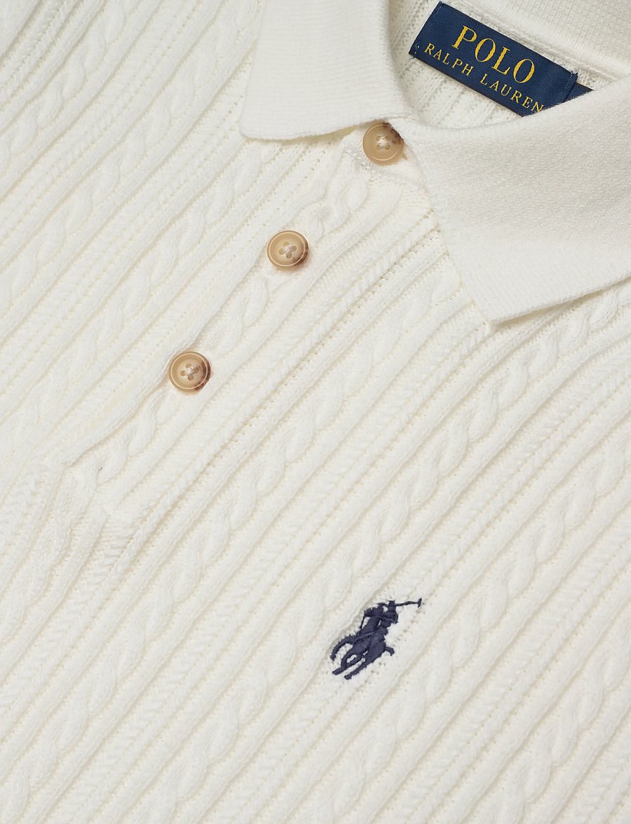 Polo Ralph Lauren - Cable-Knit Cotton Polo-Collar Sweater - stickade pikéer - deckwash white w - 2