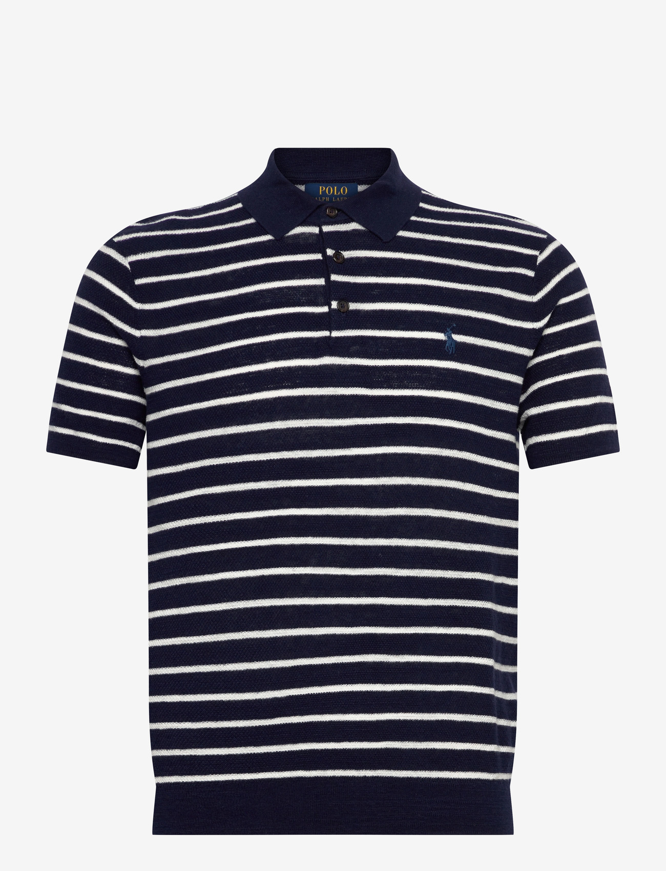 Polo Ralph Lauren - Striped Cotton-Linen Polo-Collar Sweater - bright navy combo - 0