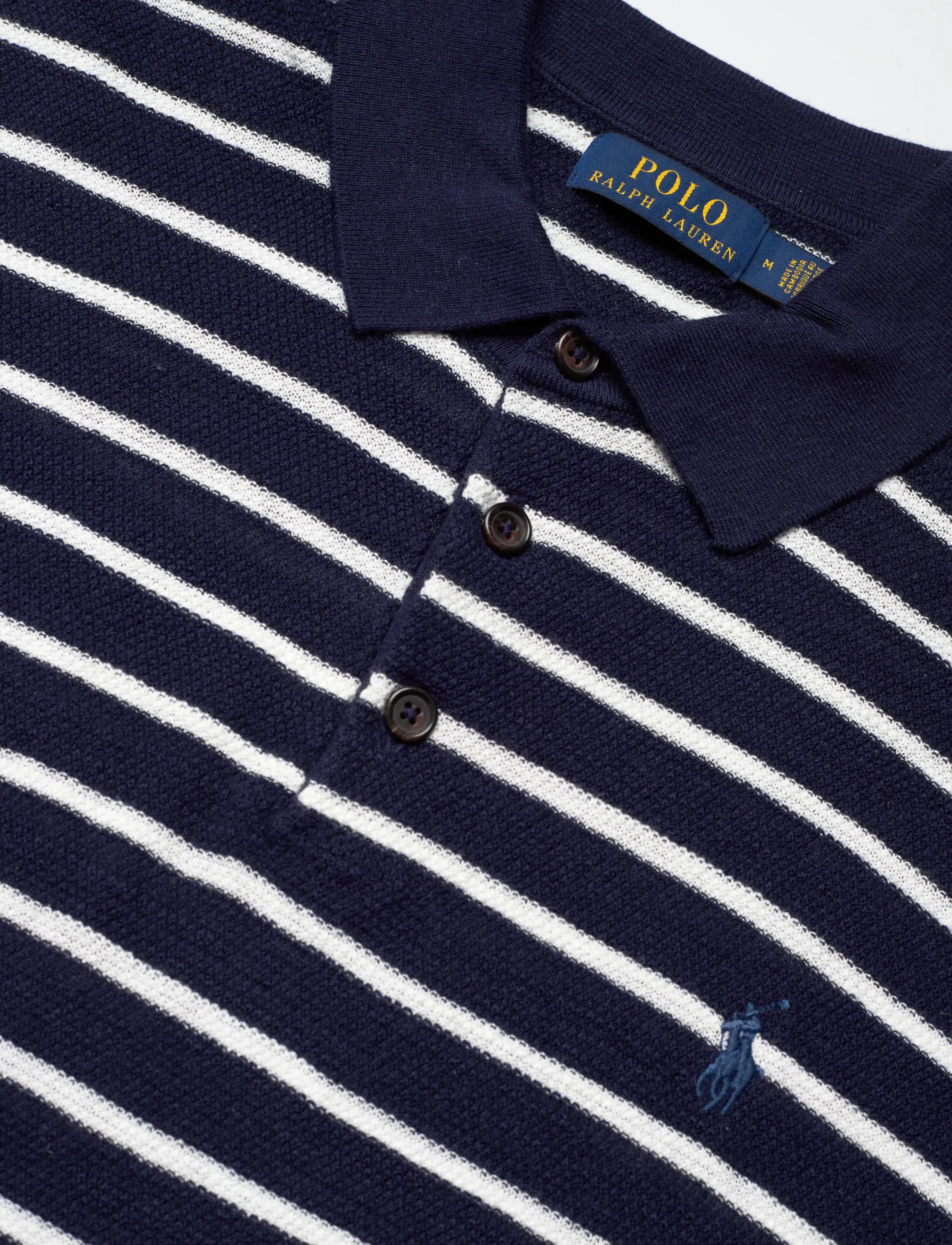 Polo Ralph Lauren - Striped Cotton-Linen Polo-Collar Sweater - kortärmade pikéer - bright navy combo - 2