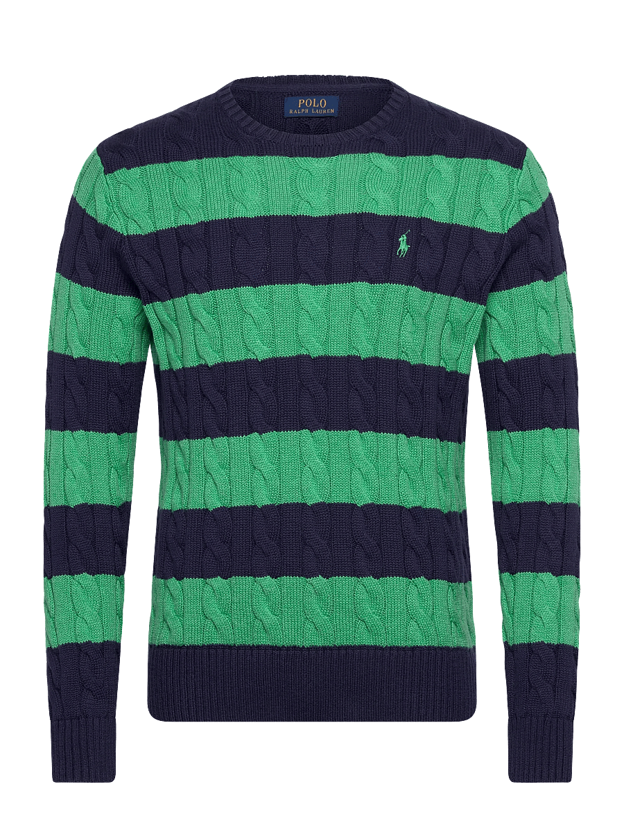 Polo Ralph Lauren - Cable-Knit Striped Cotton Sweater - round necks - navy green combo - 0
