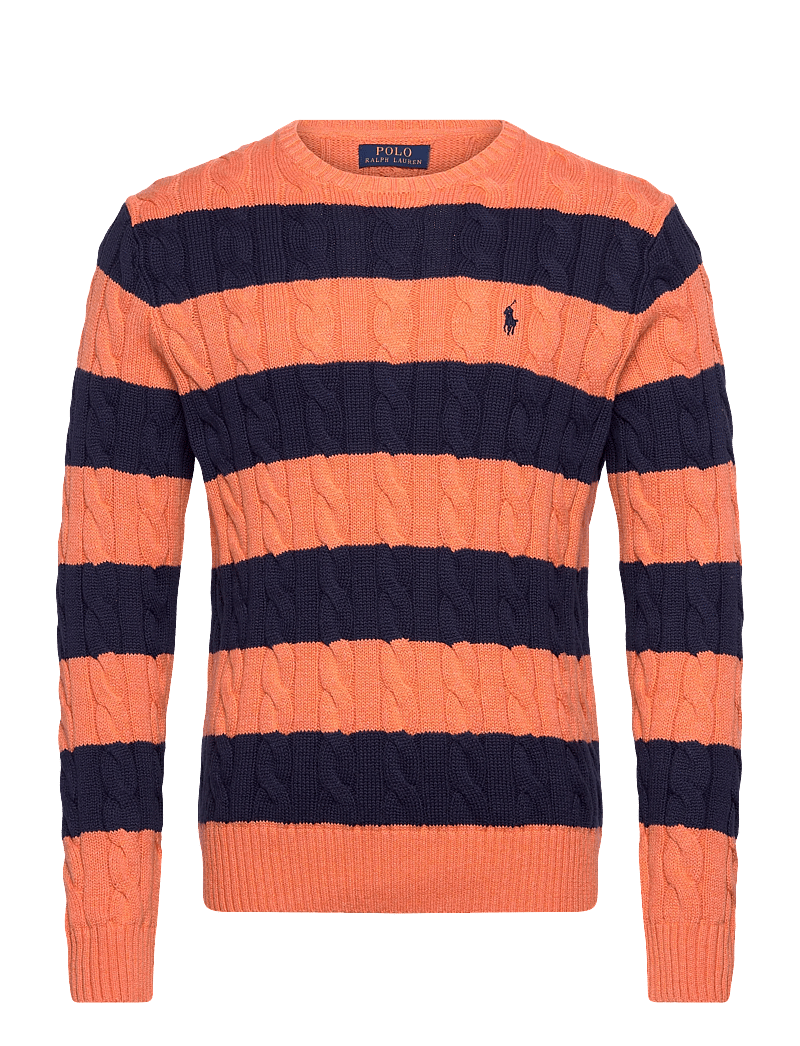 Polo Ralph Lauren - Cable-Knit Striped Cotton Sweater - rund hals - orange navy combo - 0