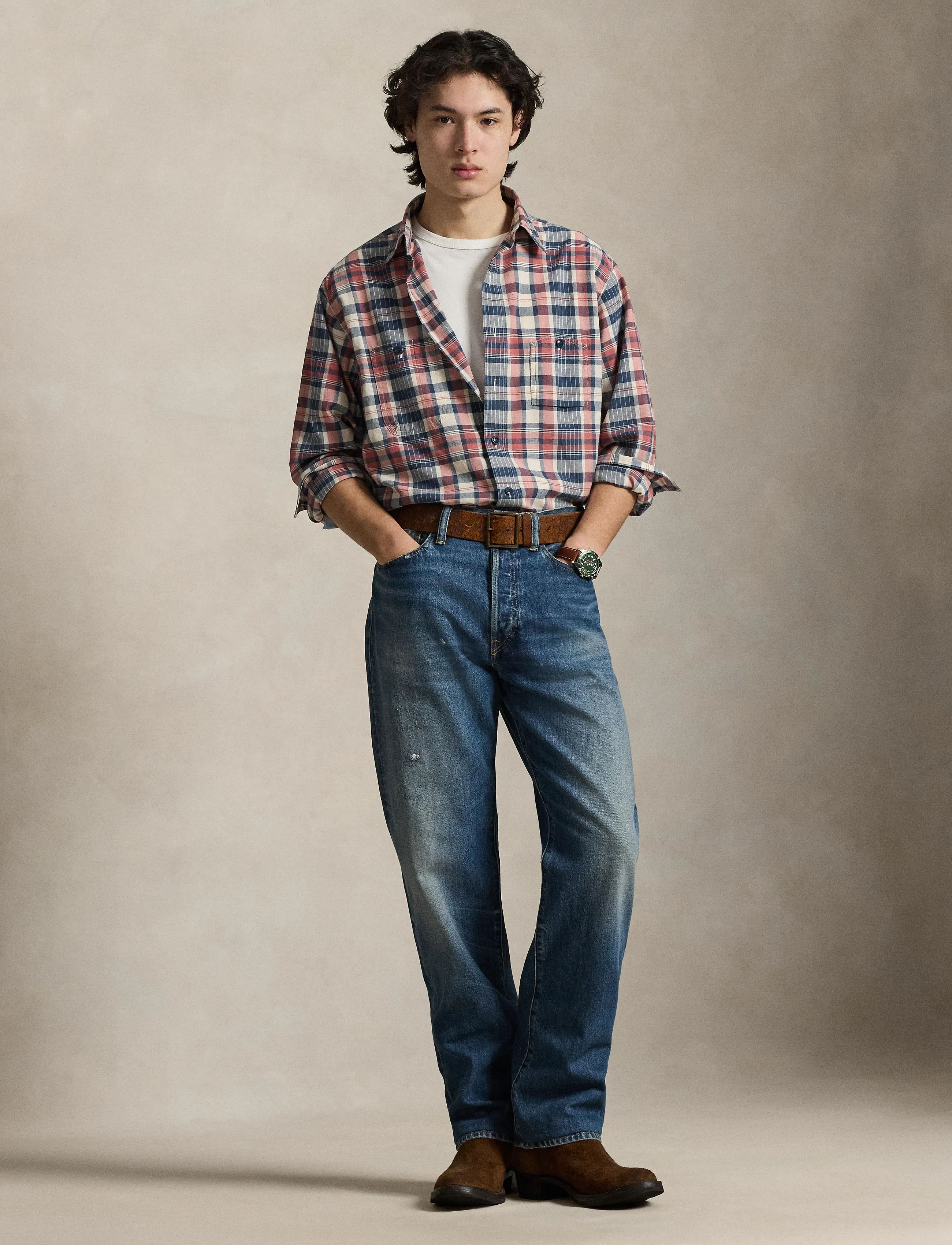 Polo Ralph Lauren Classic Fit Repaired Madras Workshirt, Mænd, Madras Arbejdsskjorte, Rød, Str: M
