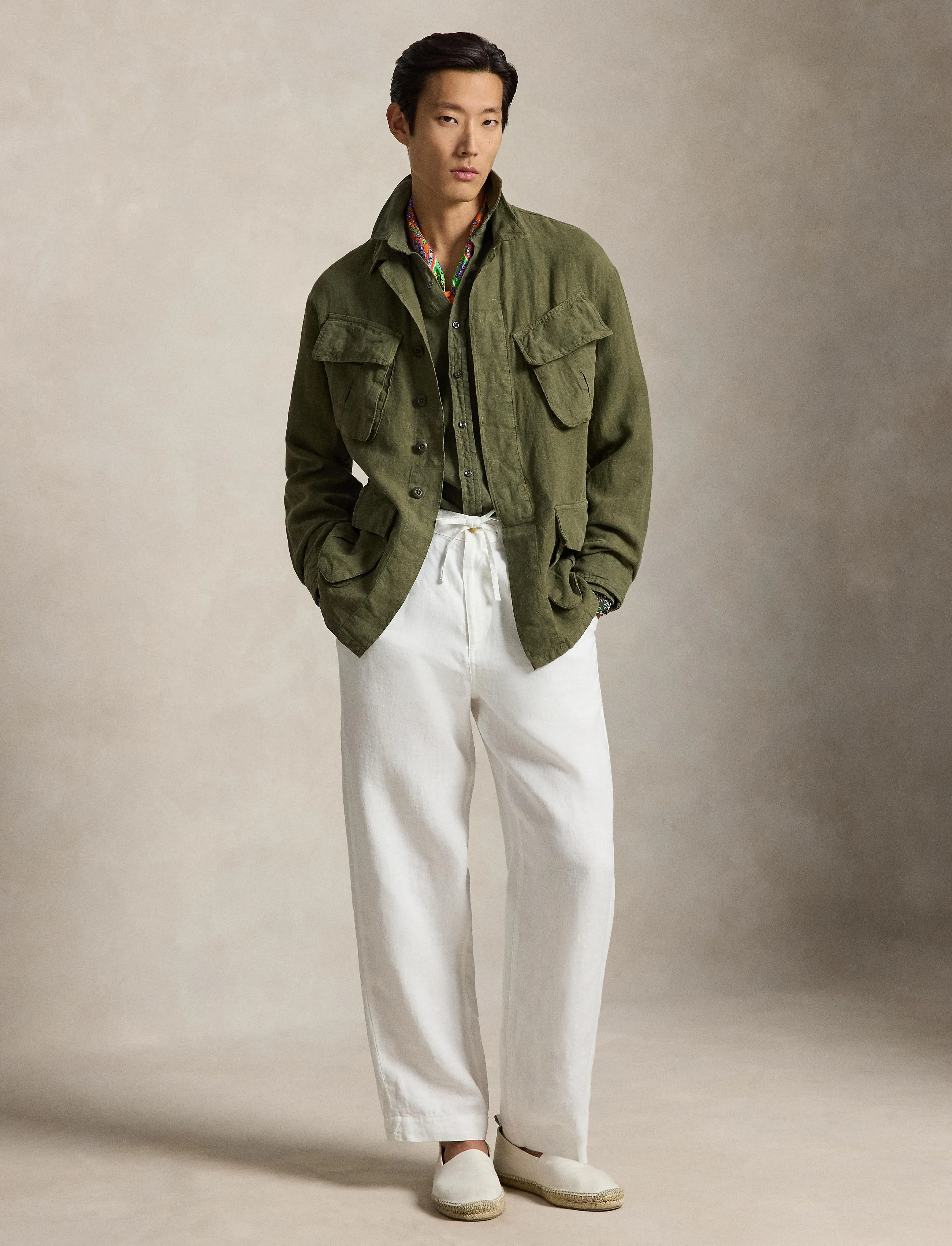 Polo Ralph Lauren Linen Utility Overshirt, Mænd, Hør Utility Skjortejakke, Kakigrøn, Str: XXL