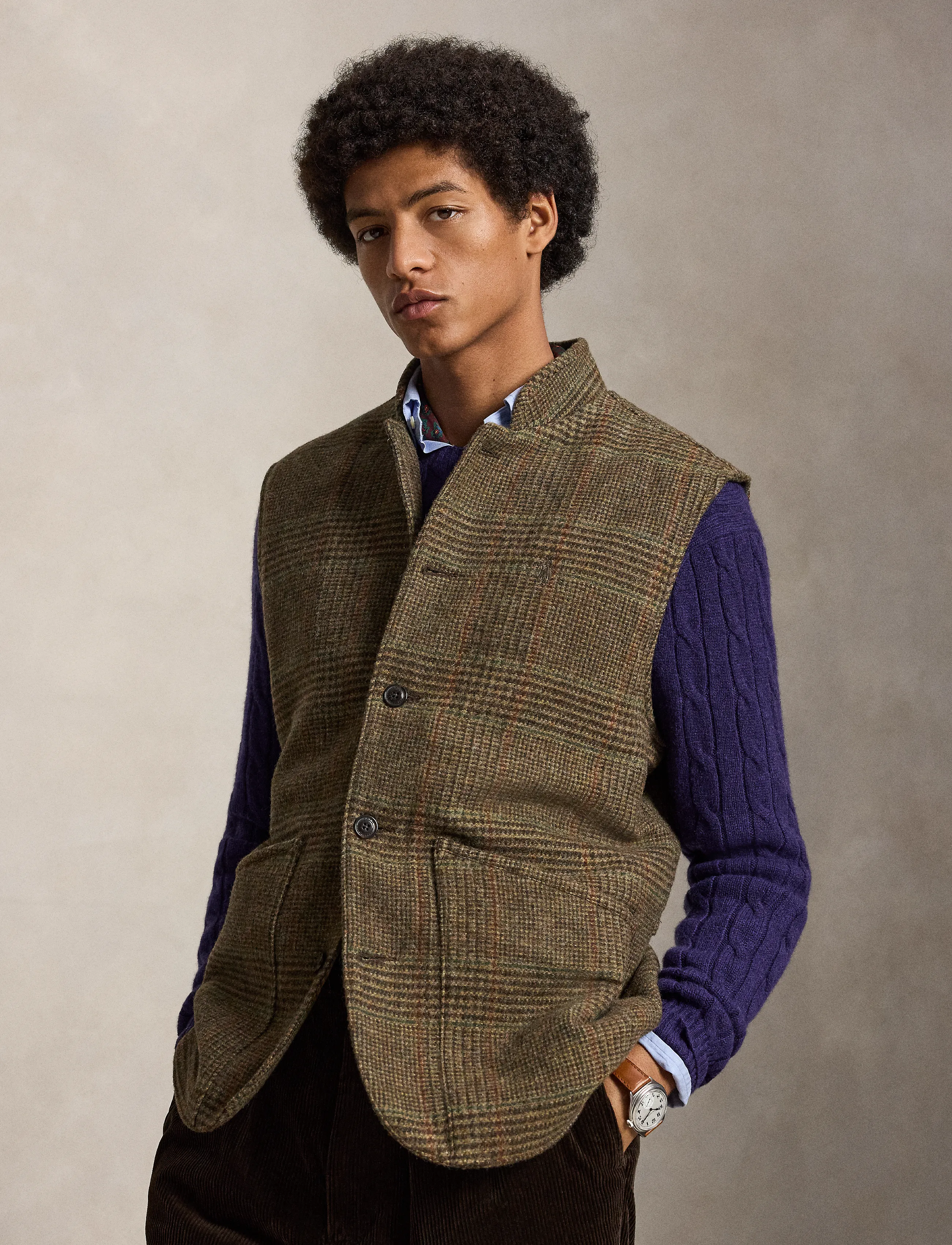 Polo Ralph Lauren The Langdon Plaid Tweed Vest, Herren, Karierte Tweed Weste, Khakigrün, Gr.XL