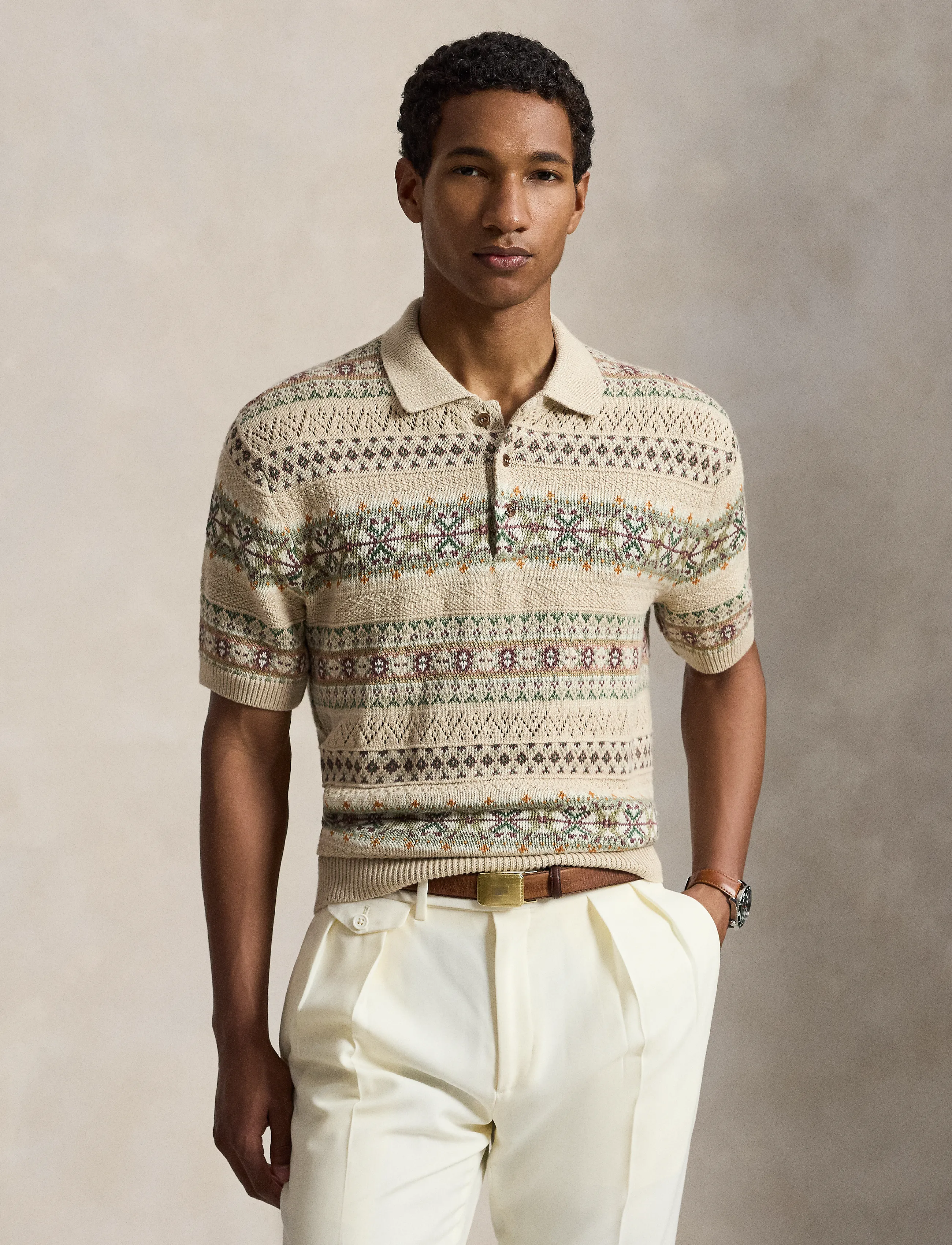 Polo Ralph Lauren Fair Isle Polo-Collar Sweater, XL, Polos, Beige - Short-sleeved, Männerswear
