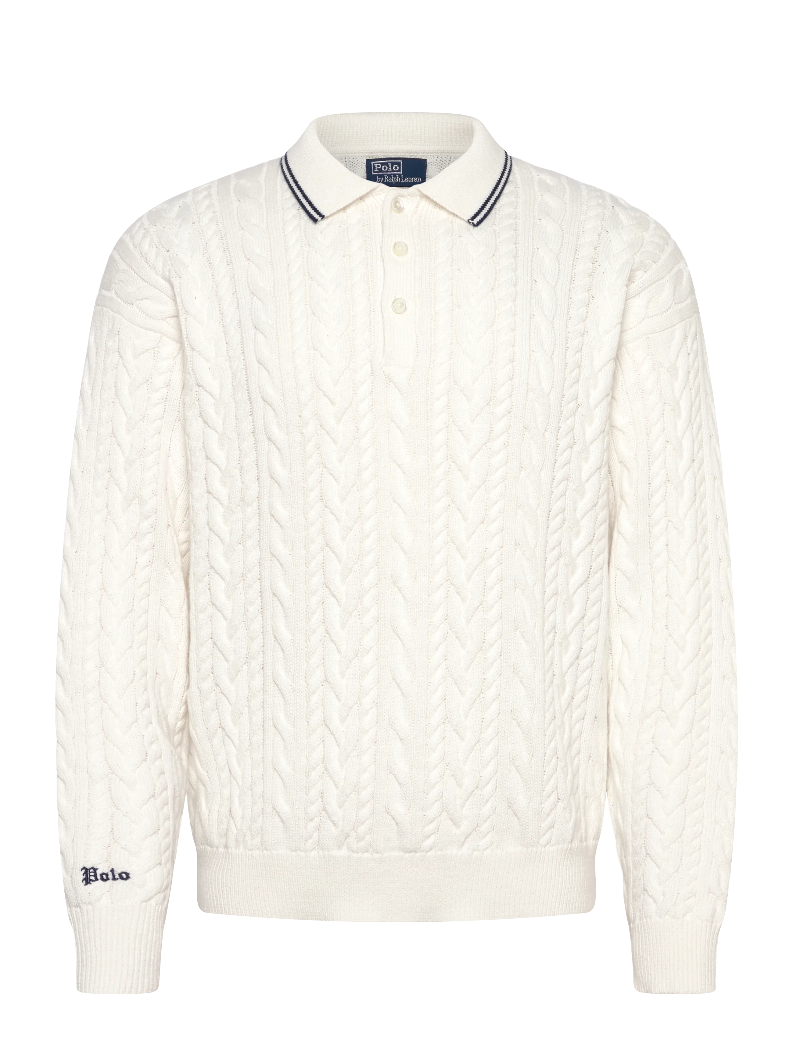 Polo Ralph Lauren Relaxed Fit Cable Polo-Collar Sweater, L, Knitwear, Creme - Long Sleeve Knitted Polos, Männerswear
