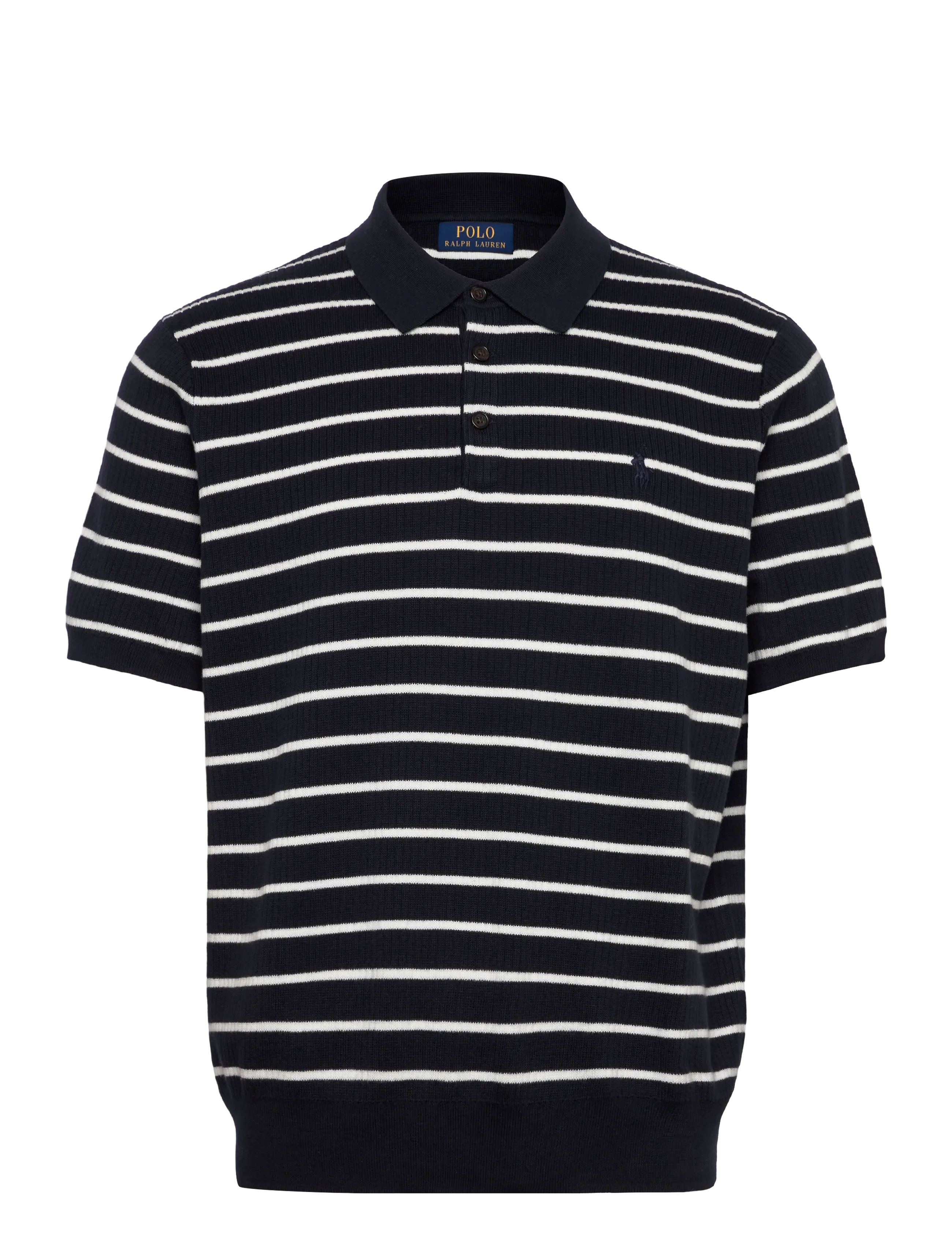 Polo Ralph Lauren Striped Cotton Polo-Collar Sweater, Mænd, Stribet Strikket Poloshirt, Navy, Str: L