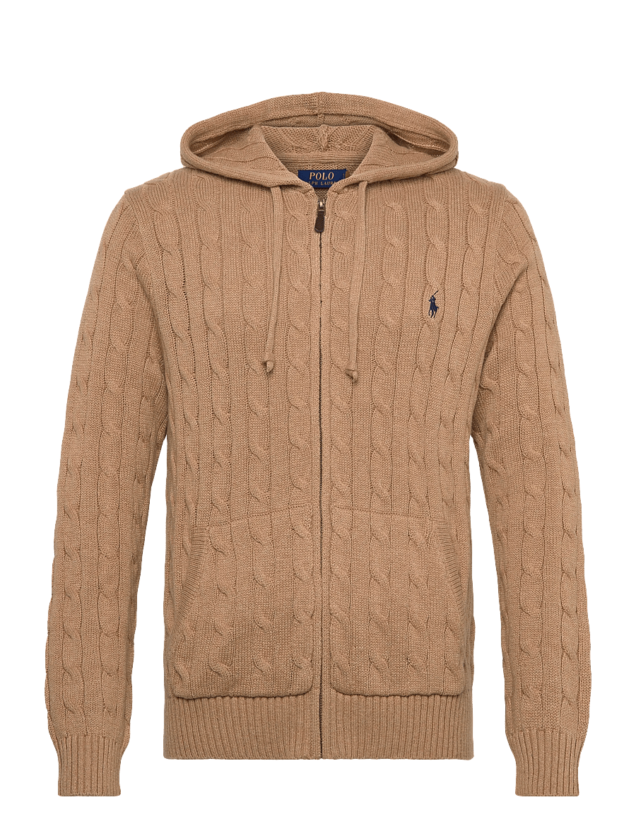 Polo Ralph Lauren - Cable-Knit Cotton Hooded Sweater - full zip jumpers - camel melange - 0