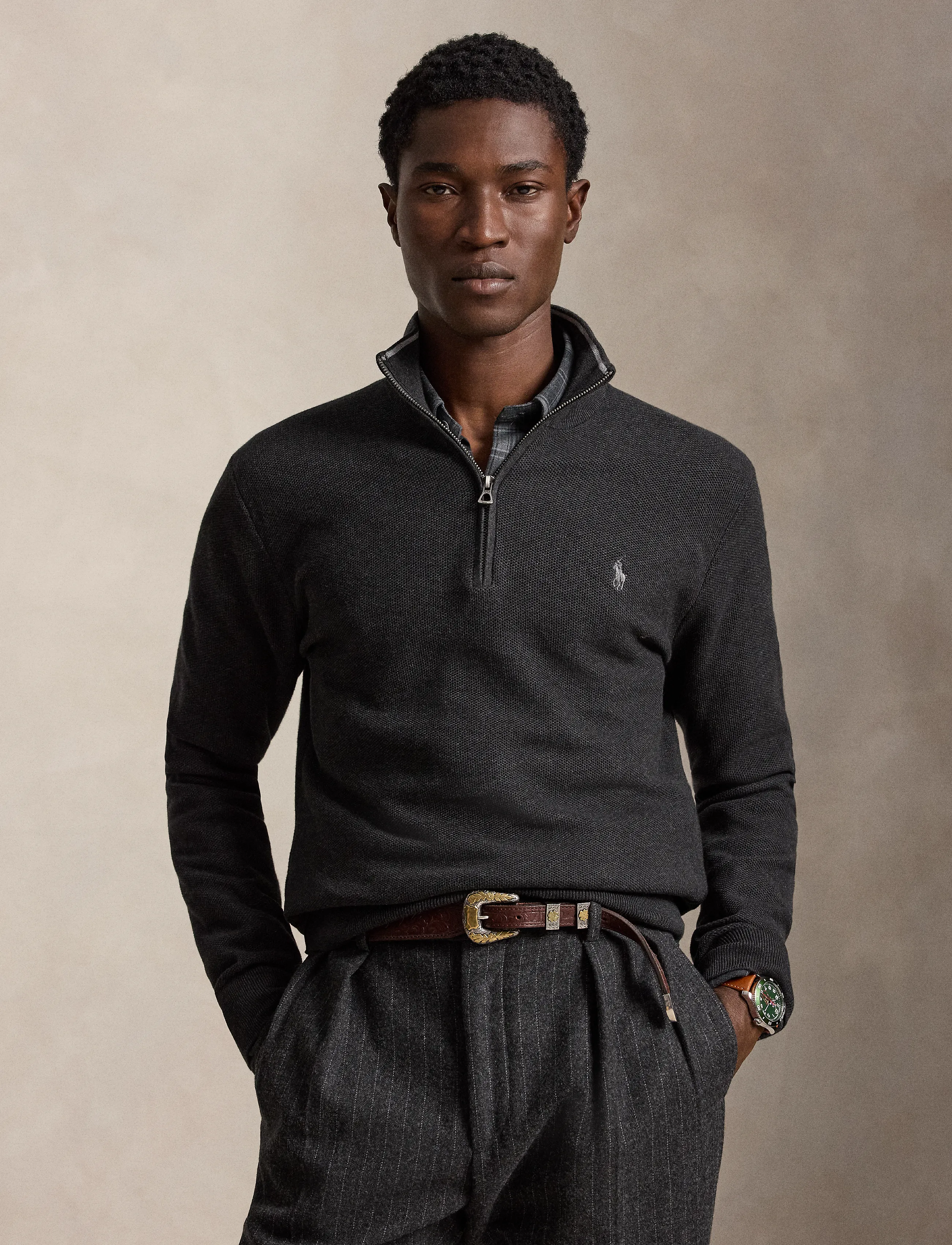Polo Ralph Lauren - Mesh-Knit Cotton Quarter-Zip Sweater - pullover mit halbem reißverschluss - dark granite heat - 1
