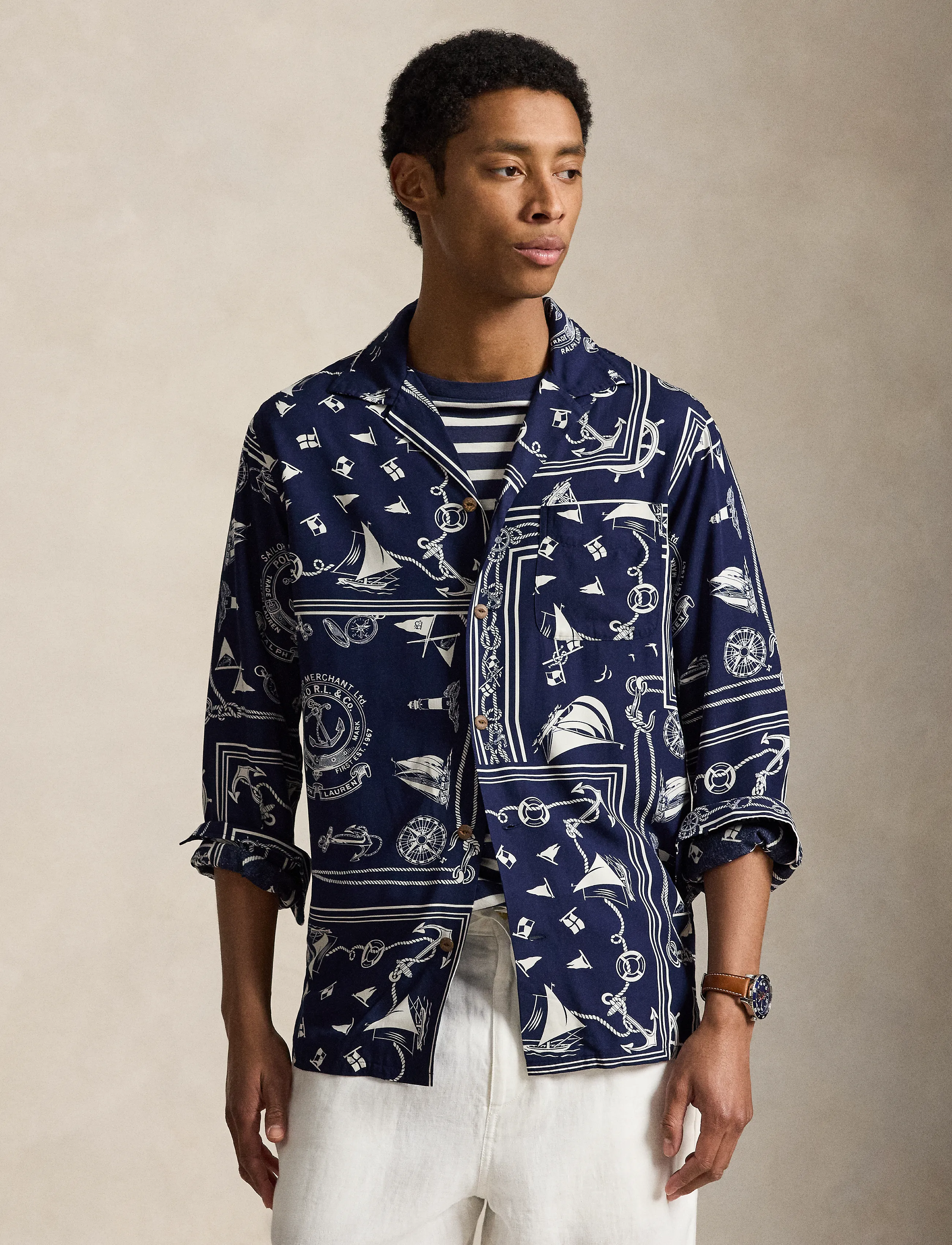 Polo Ralph Lauren Classic Fit Nautical Bandanna Shirt, Mænd, Nautisk Bandana Skjorte, Navy, Str: M